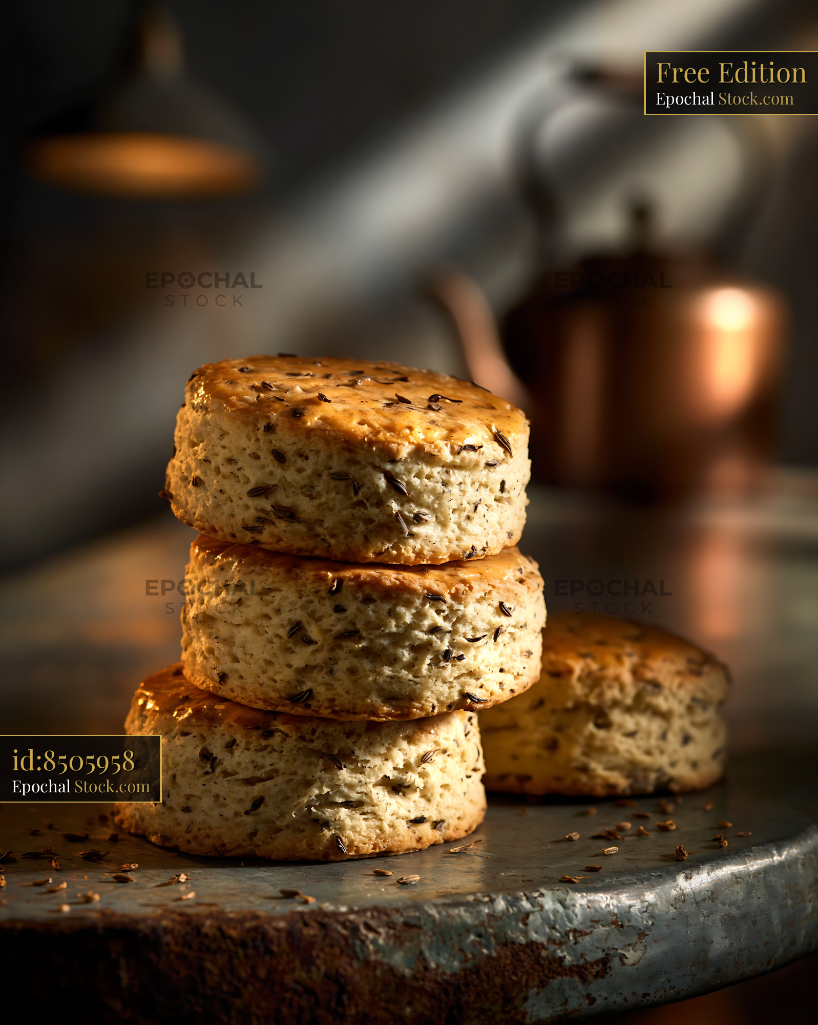 Stack of fresh caraway seed biscuits in a rustic kitchen setting - stock photo