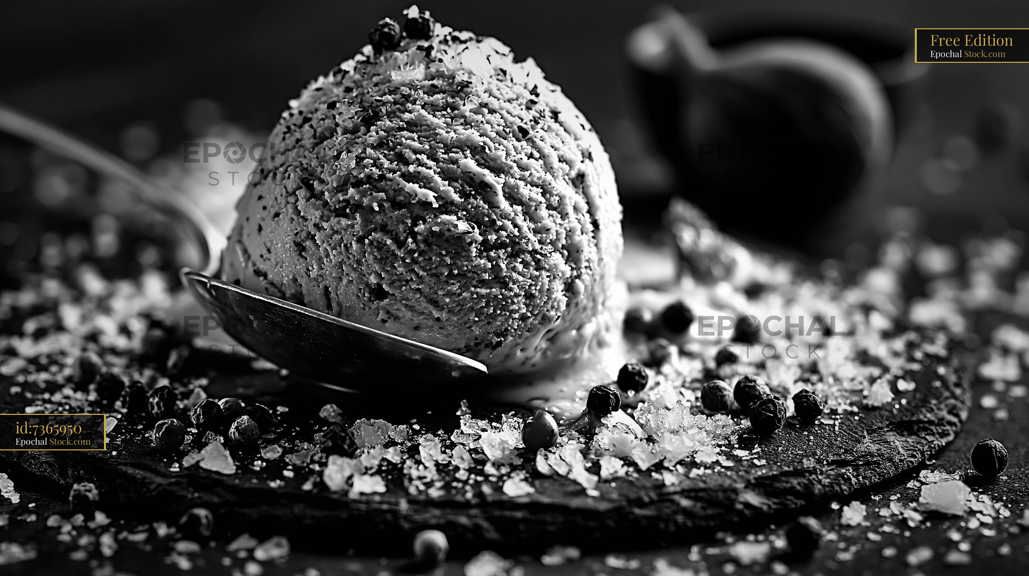 Artisanal fig leaf ice cream scoop with sea salt and peppercorns - stock photo