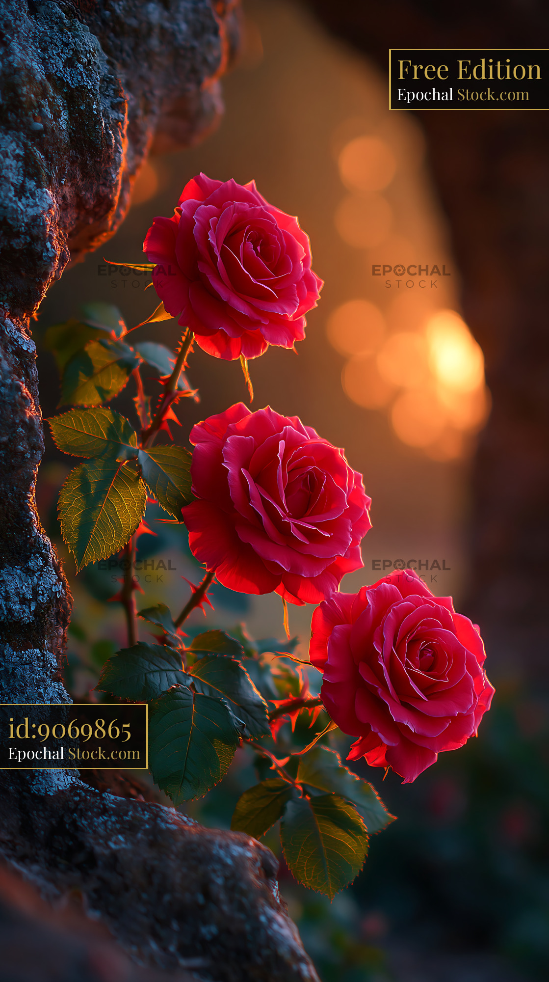 Red roses blooming on a vine against an old stone wall - stock photo