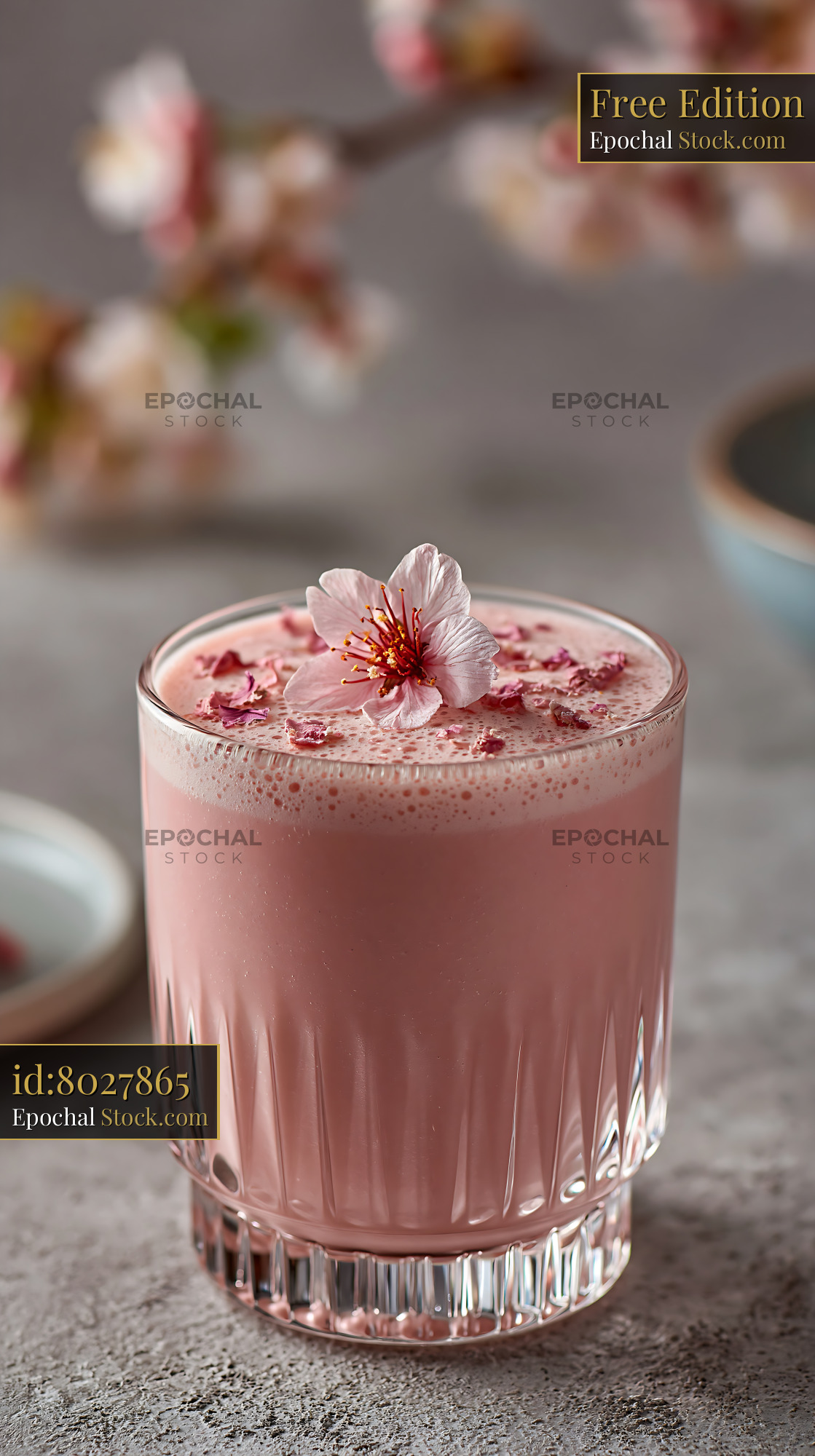 Pink sakura blossom smoothie garnished with a fresh cherry flower - stock photo