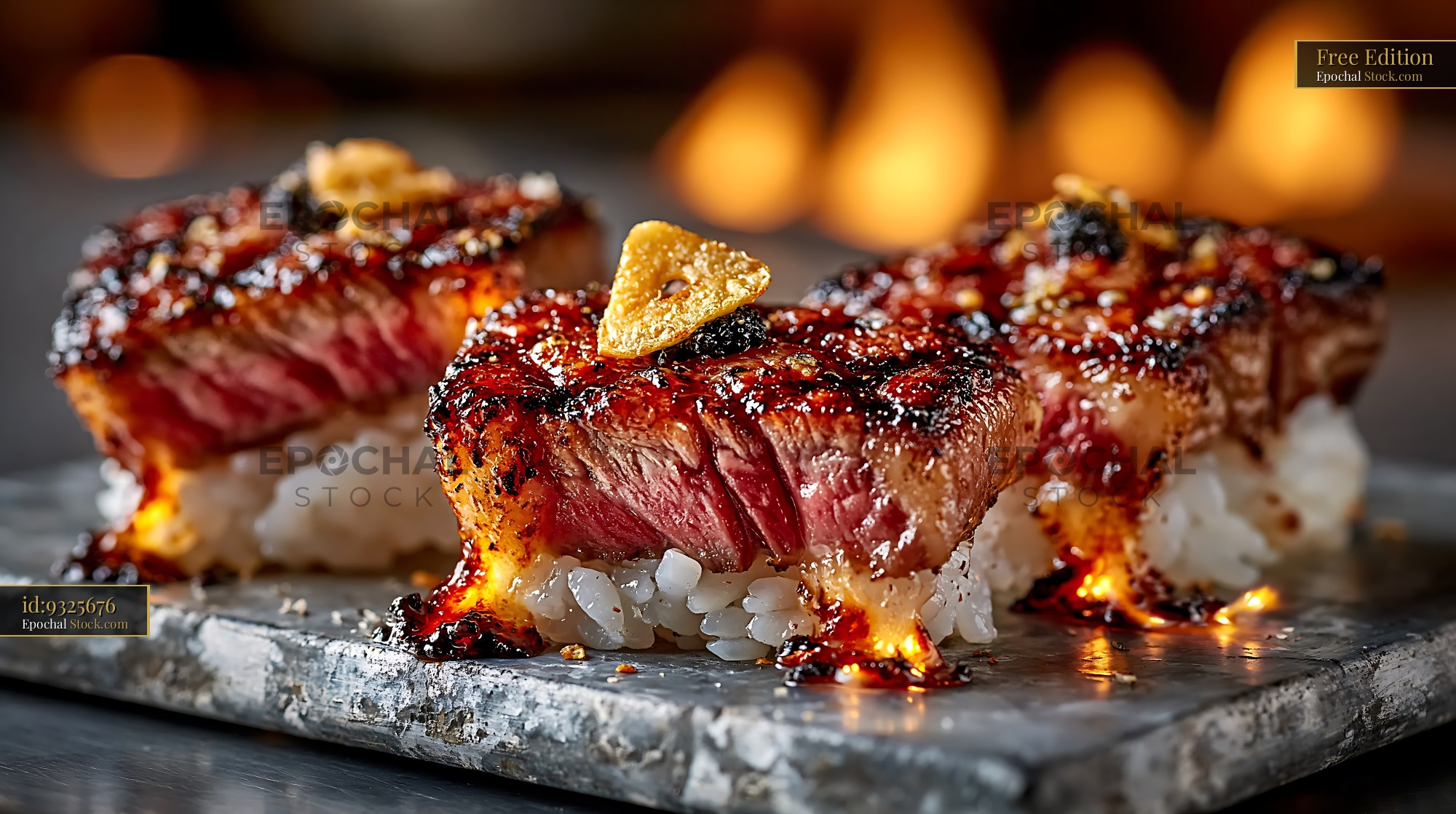 Aburi wagyu sushi topped with garlic chips and caviar on stone plate - stock photo
