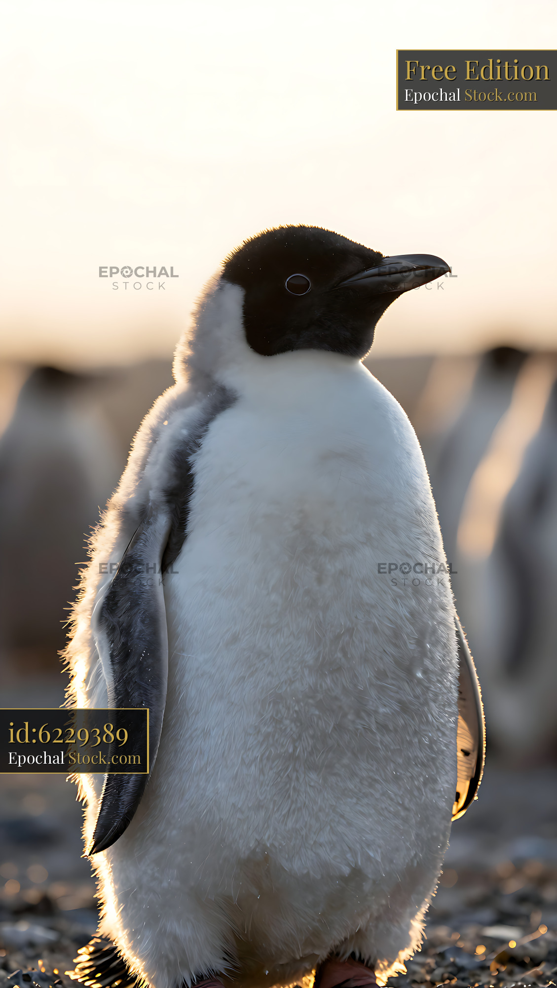 Erect-crested penguin standing in the warm glow of golden hour - stock photo