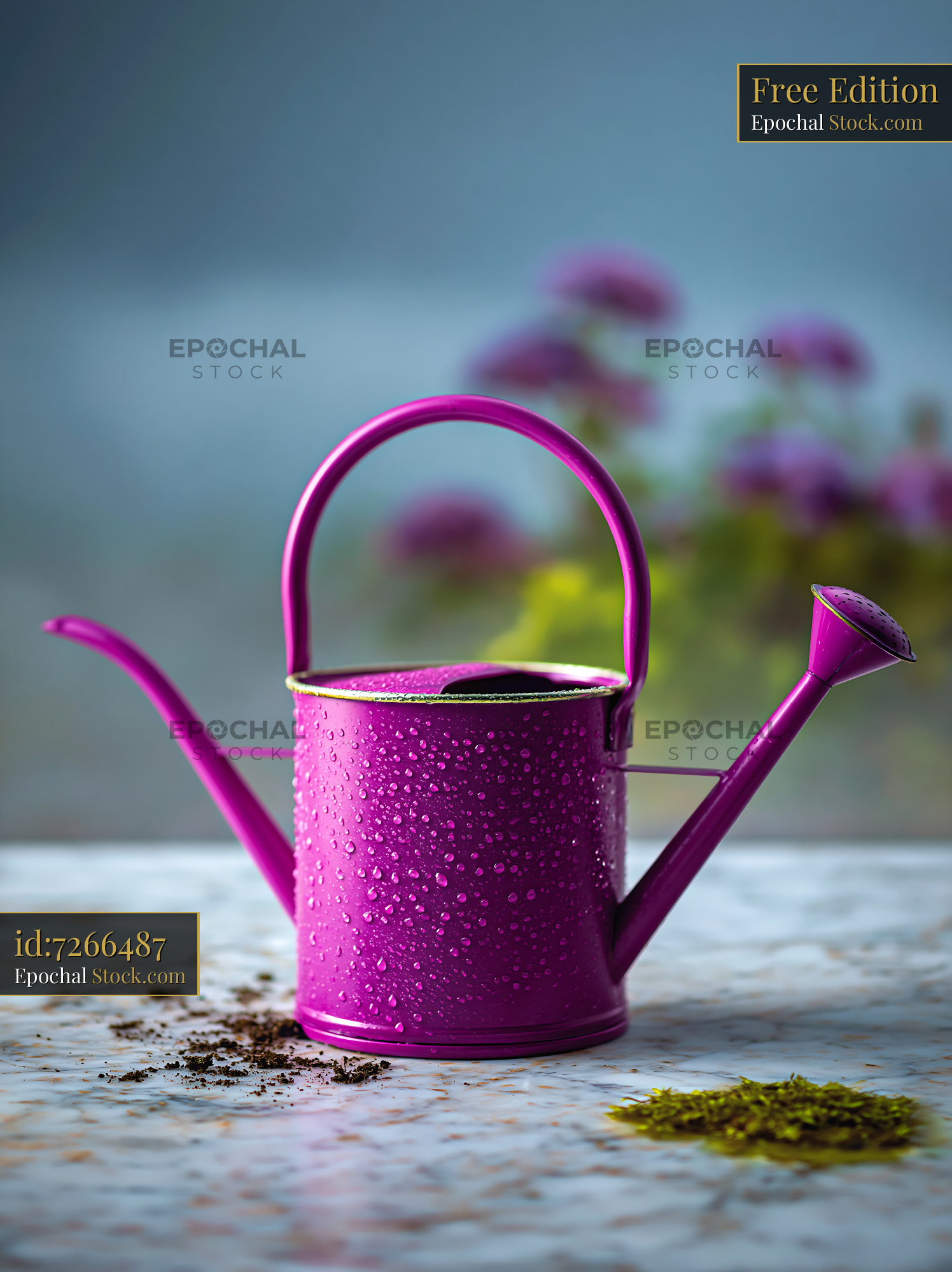 Purple watering can with water droplets on marble in morning mist - stock photo