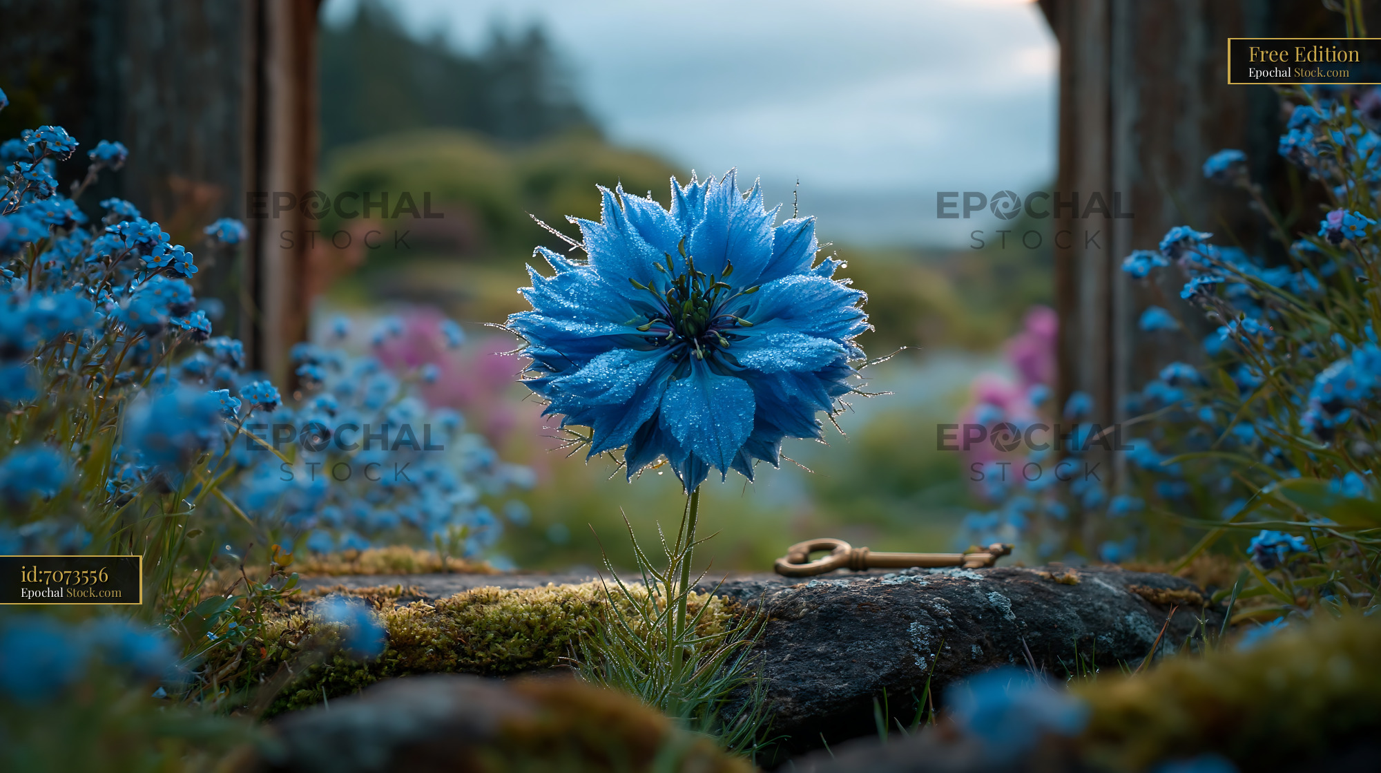 Blue nigella wildflower with dew drops and vintage key in a garden