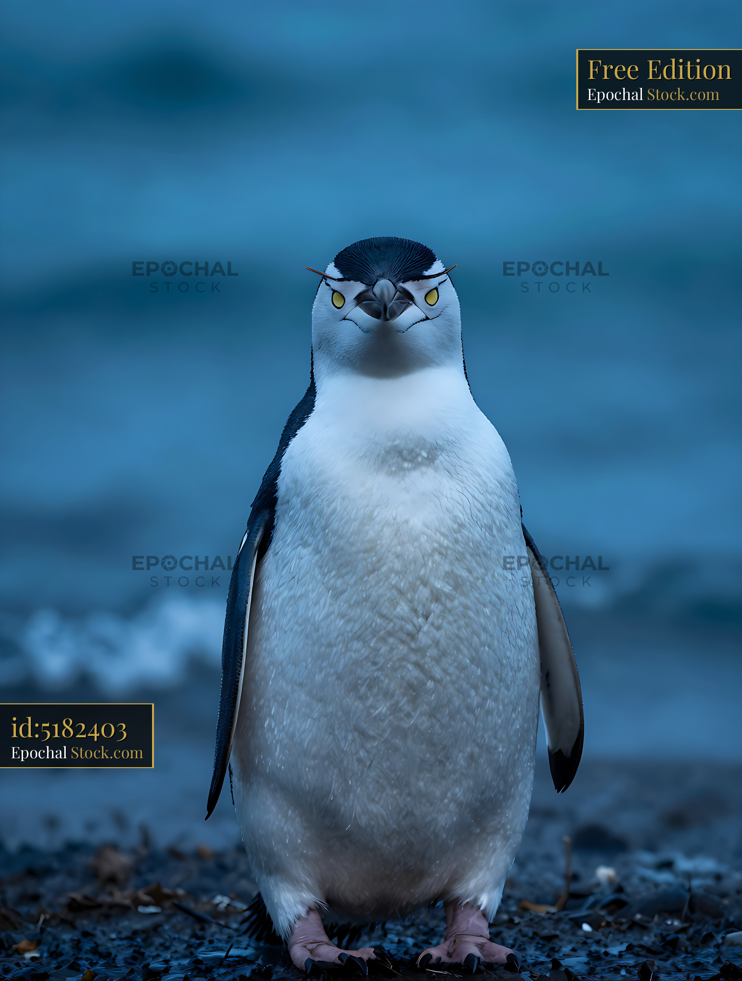 Yellow-eyed penguin with intense gaze standing on a rocky beach - stock photo