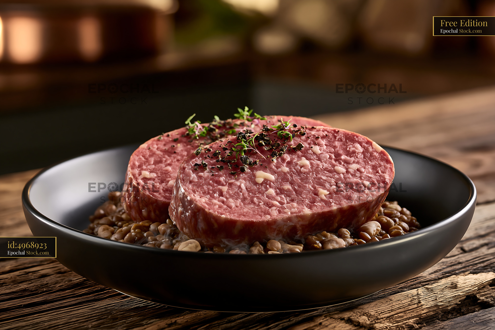 Slices of cotechino modena meat served on a bed of lentils - stock photo