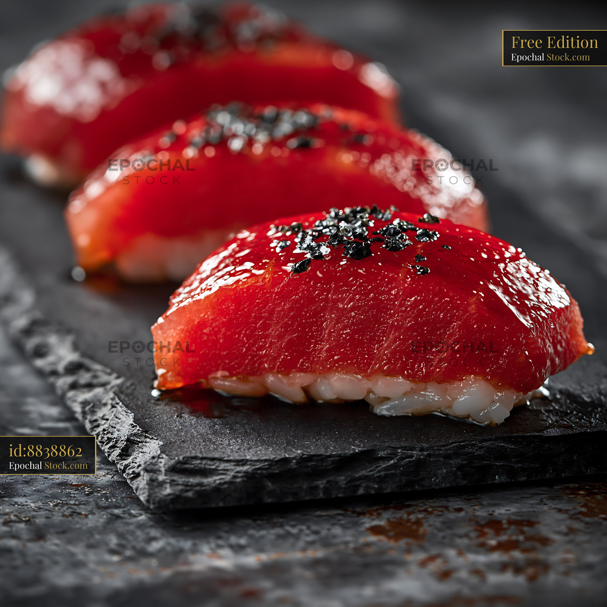 Gourmet watermelon tuna sushi nigiri on a dark slate board - stock photo