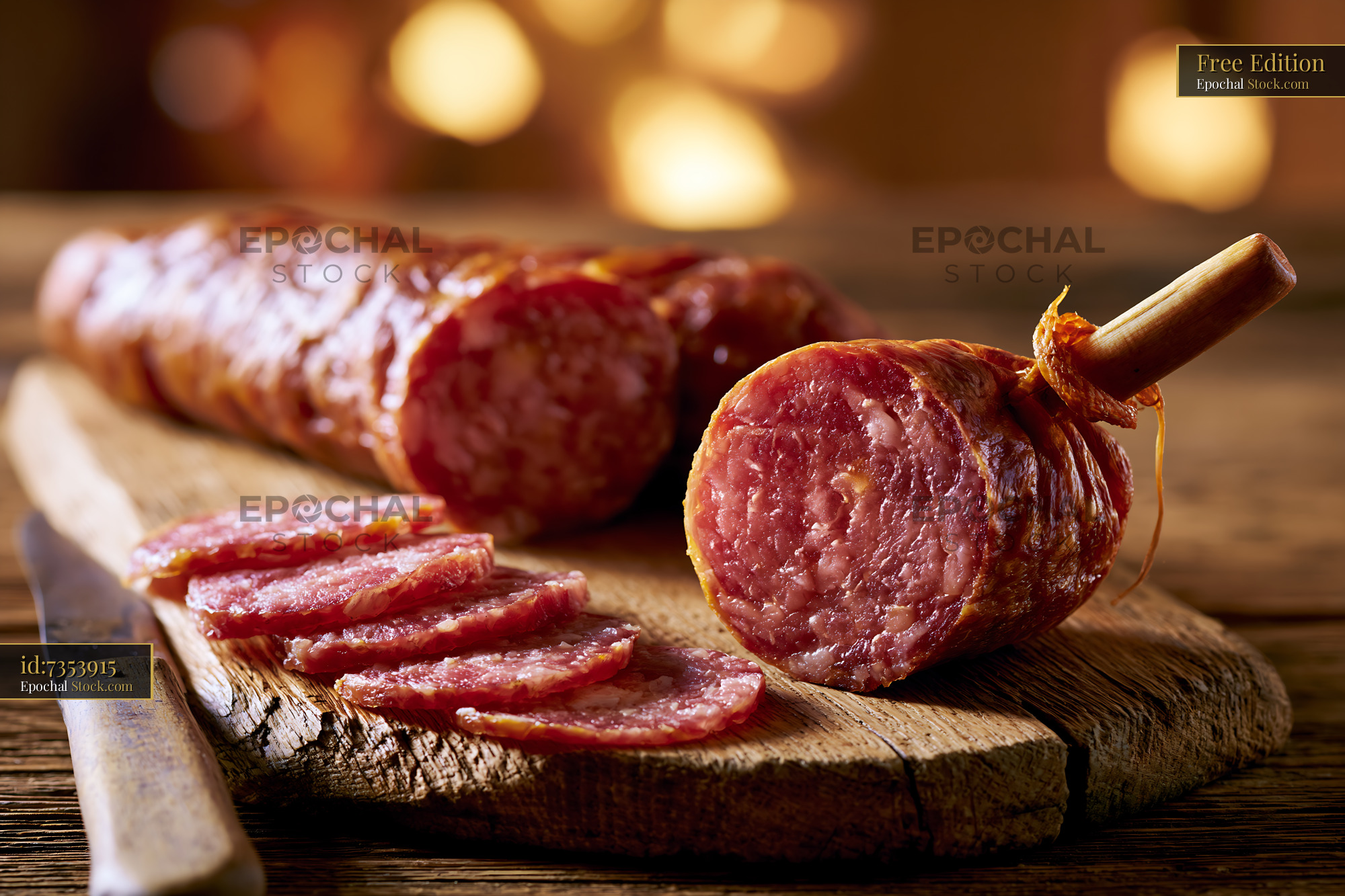 Saucisse de morteau meat sliced on a rustic wooden cutting board - stock photo