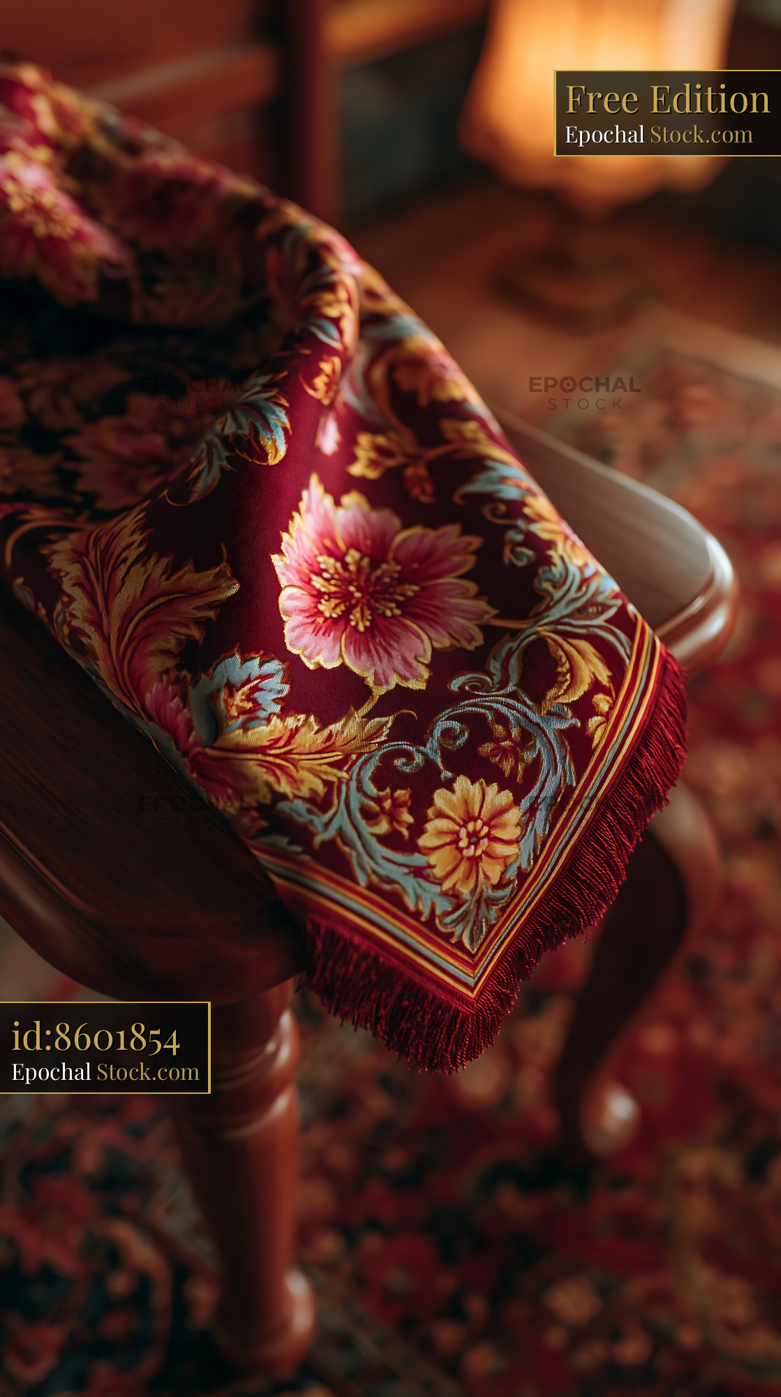 Elegant floral throw draped over a classic wooden seat in warm light - stock photo