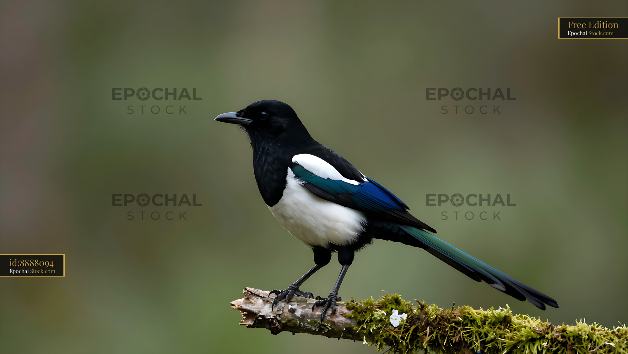 Eurasian magpie perched on a mossy branch in a forest - stock photo
