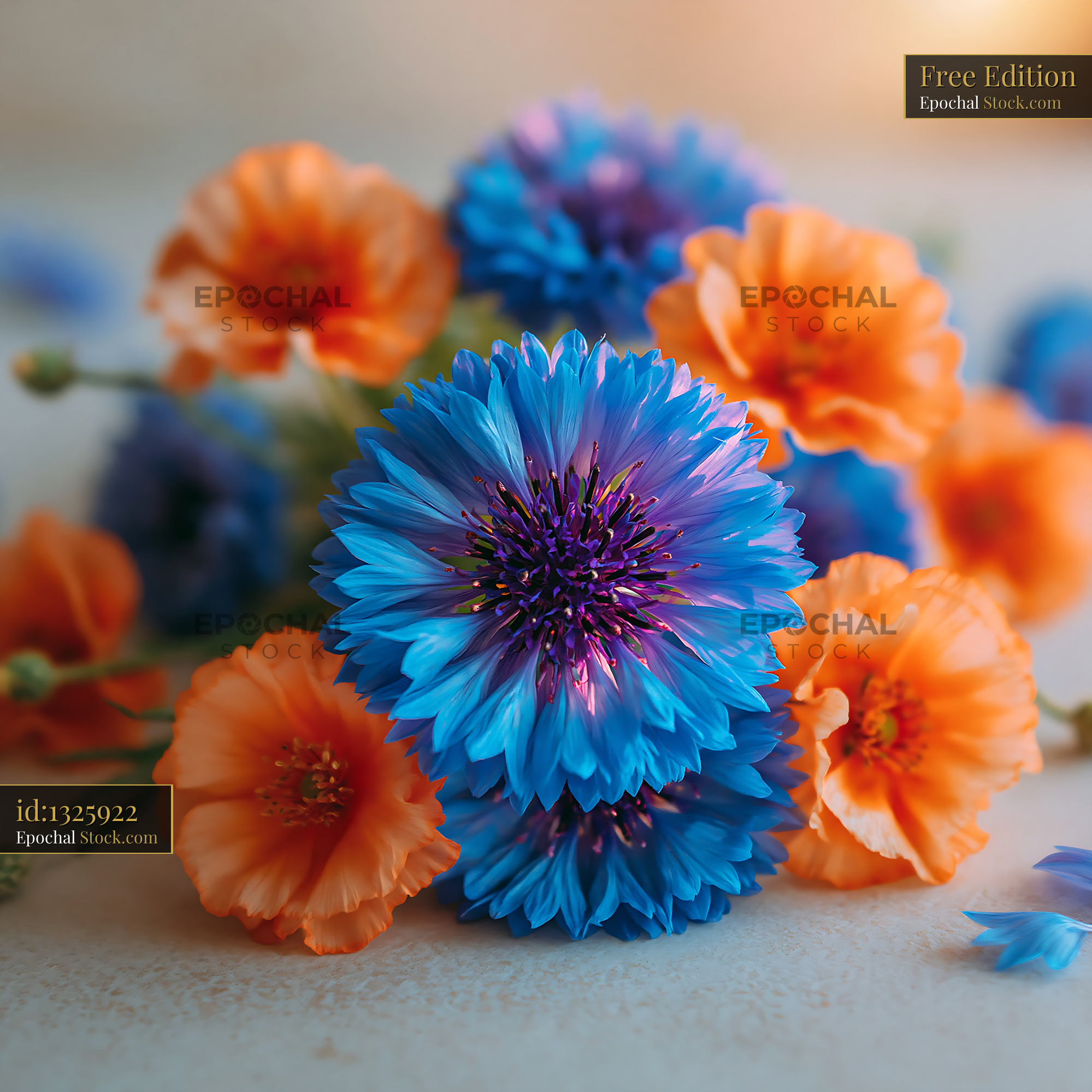 Blue cornflowers and orange poppies meadow flowers tabletop flatlay
