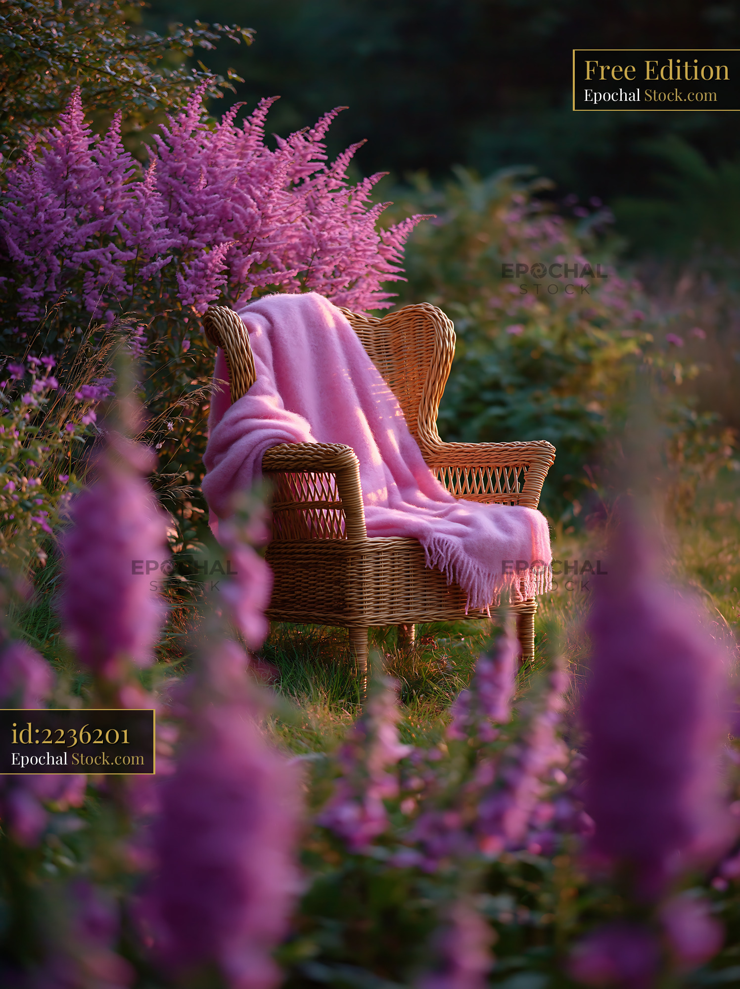 Wicker armchair with pink blanket in a blooming garden at sunset - stock photo