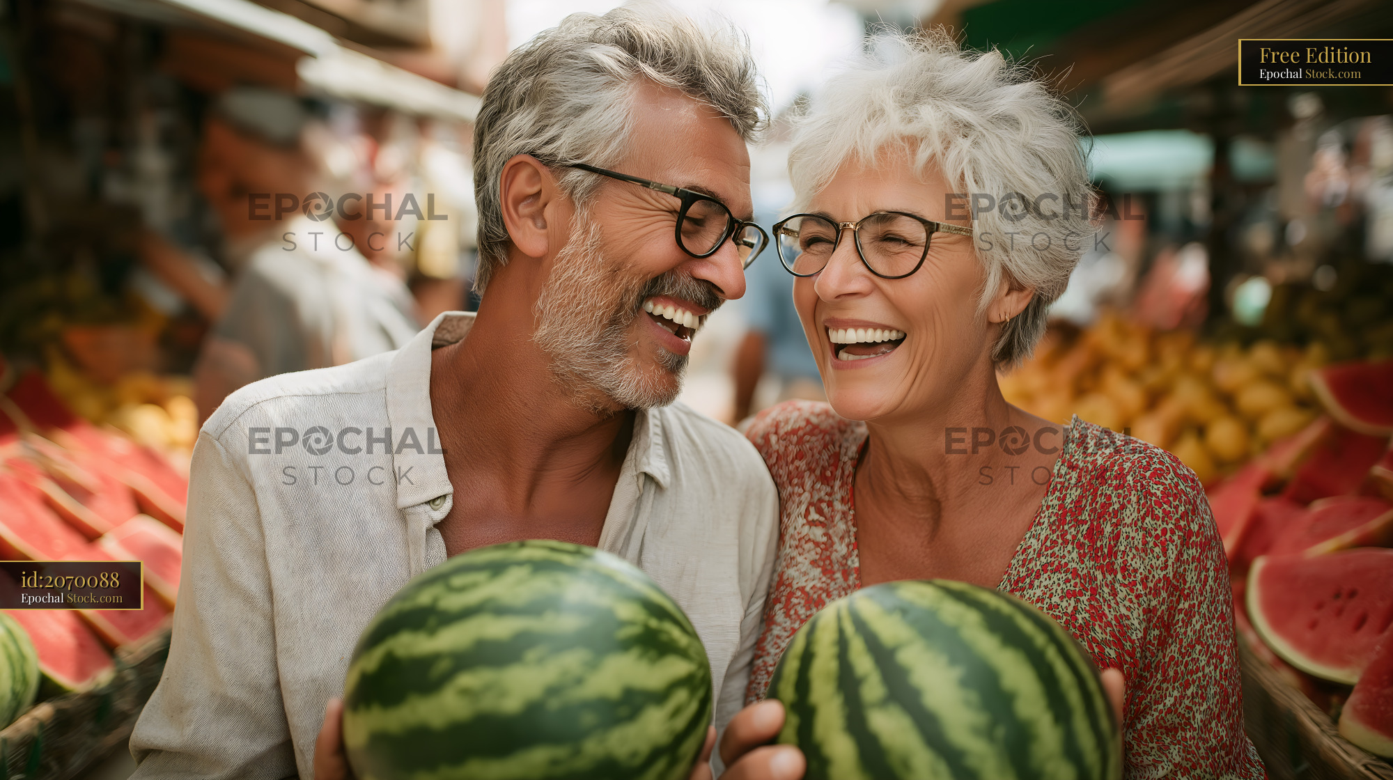 Couple enjoys shopping for watermelons at market Free Premium Stock Image