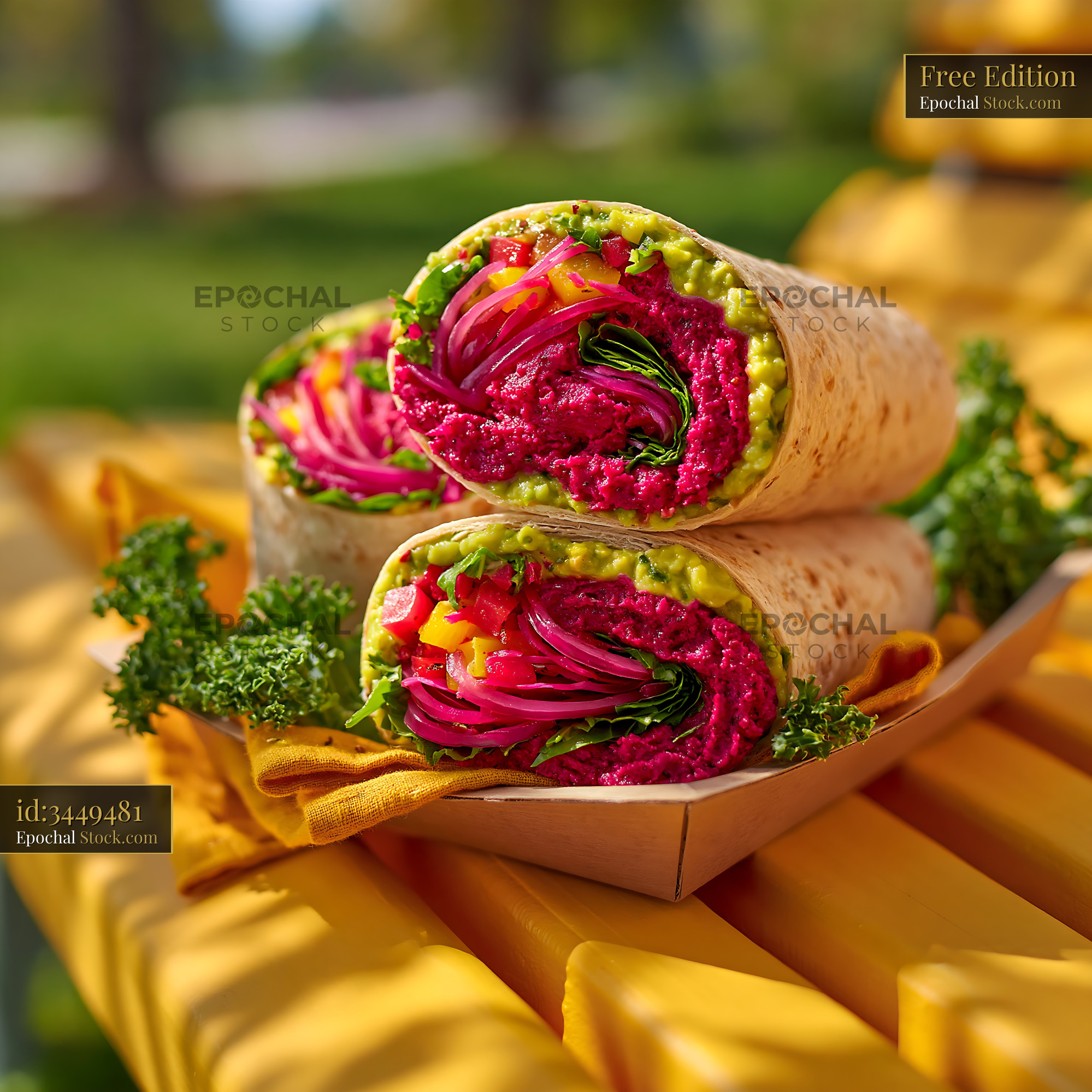 Colorful vegan beetroot hummus and avocado wraps on a sunny park bench - stock photo