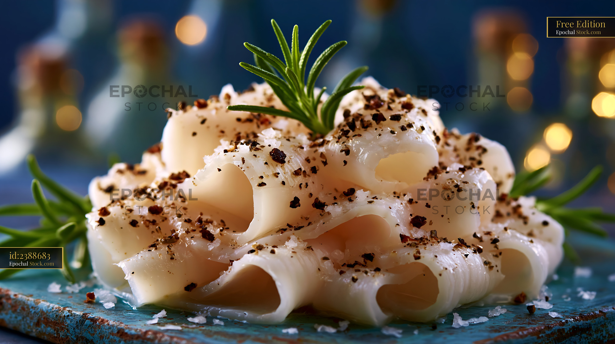 Slices of lardo di colonnata meat with rosemary and black pepper - stock photo