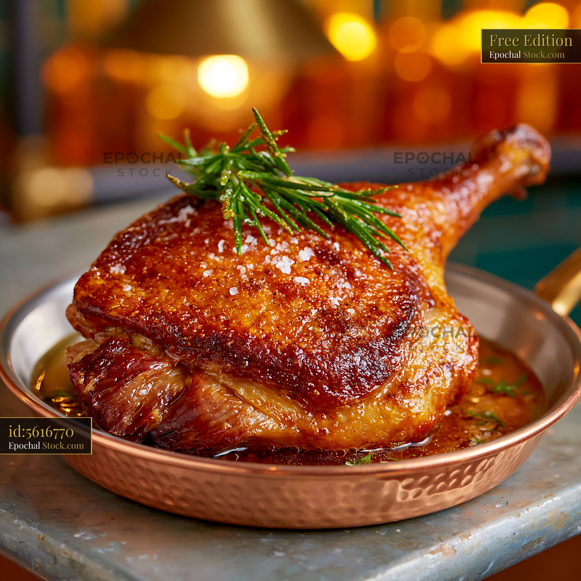 Crispy duck leg confit with sea salt and rosemary in a copper pan - stock photo