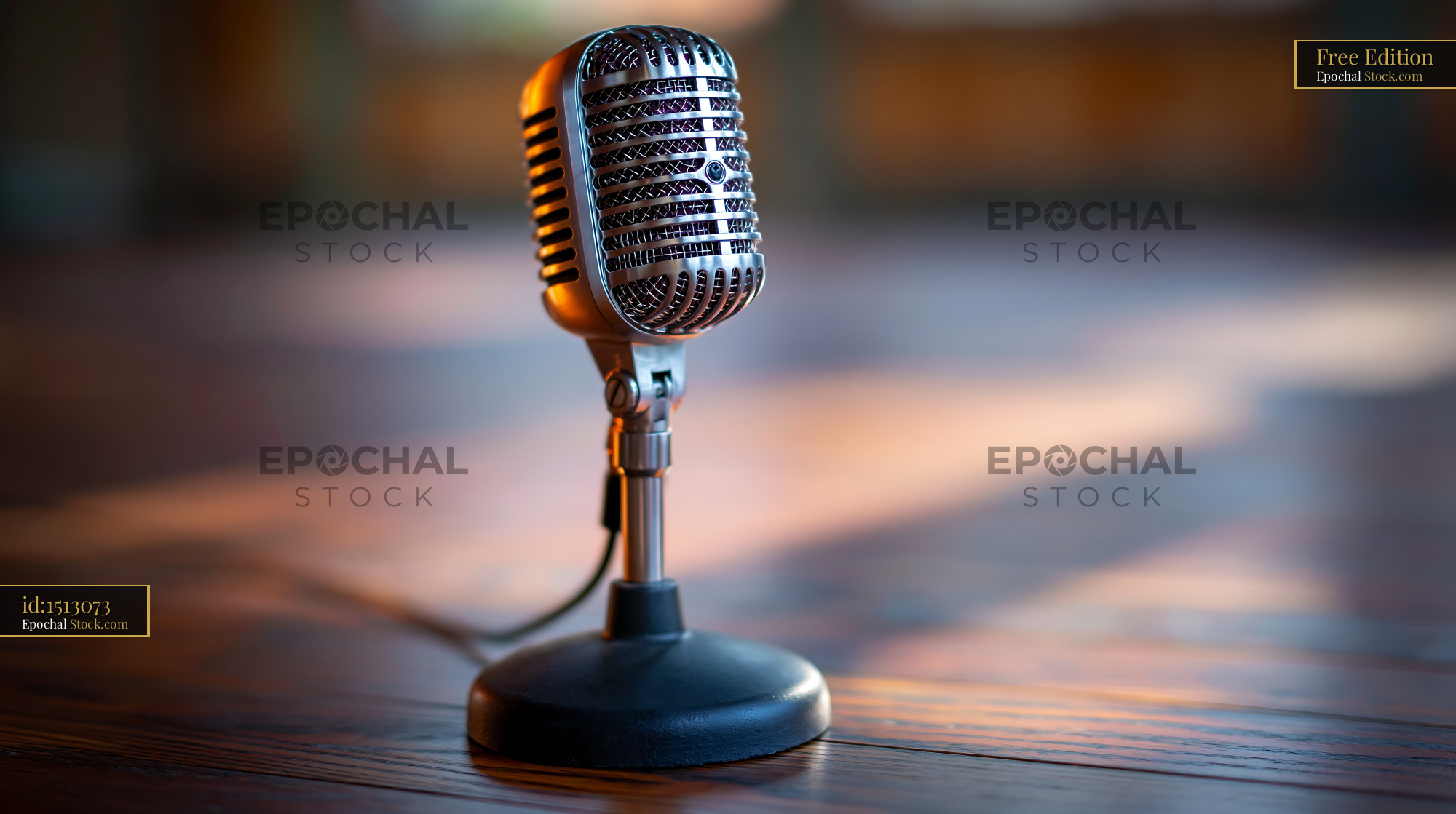 Vintage silver microphone on wooden stage with warm lighting - stock photo