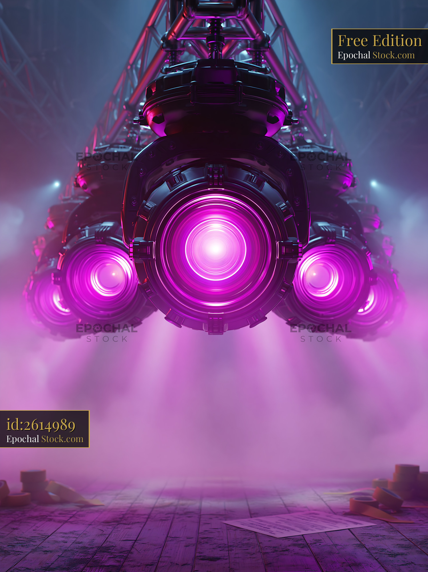 Professional stage lights with pink flare in an empty concert hall