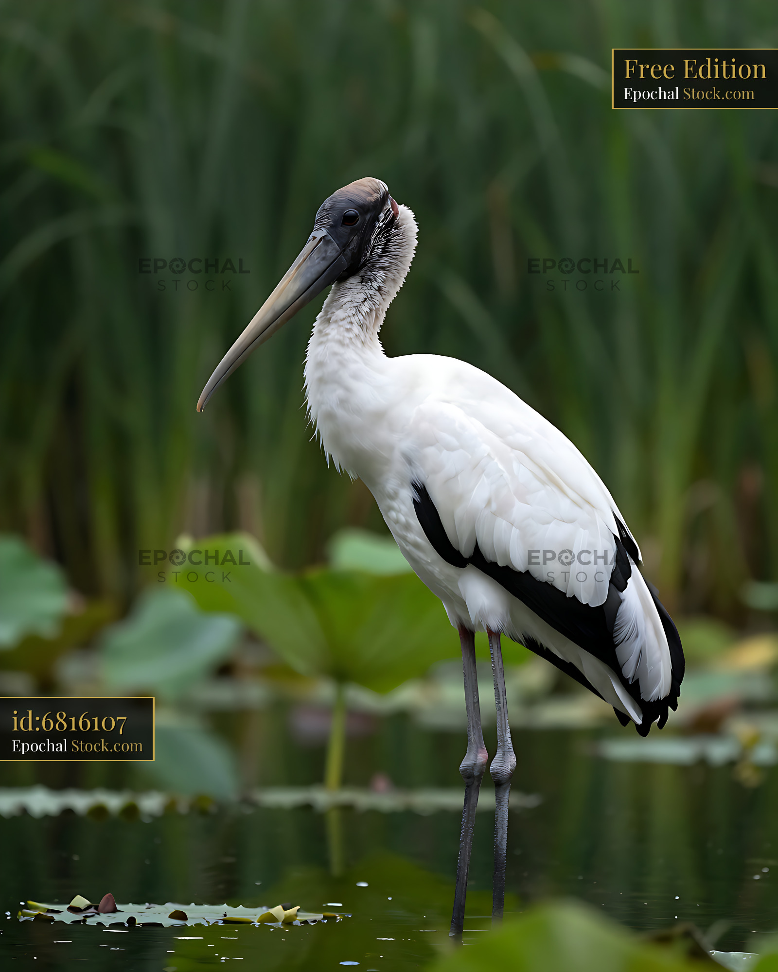 Wood stork standing in a lush wetland pond with lily pads - stock photo