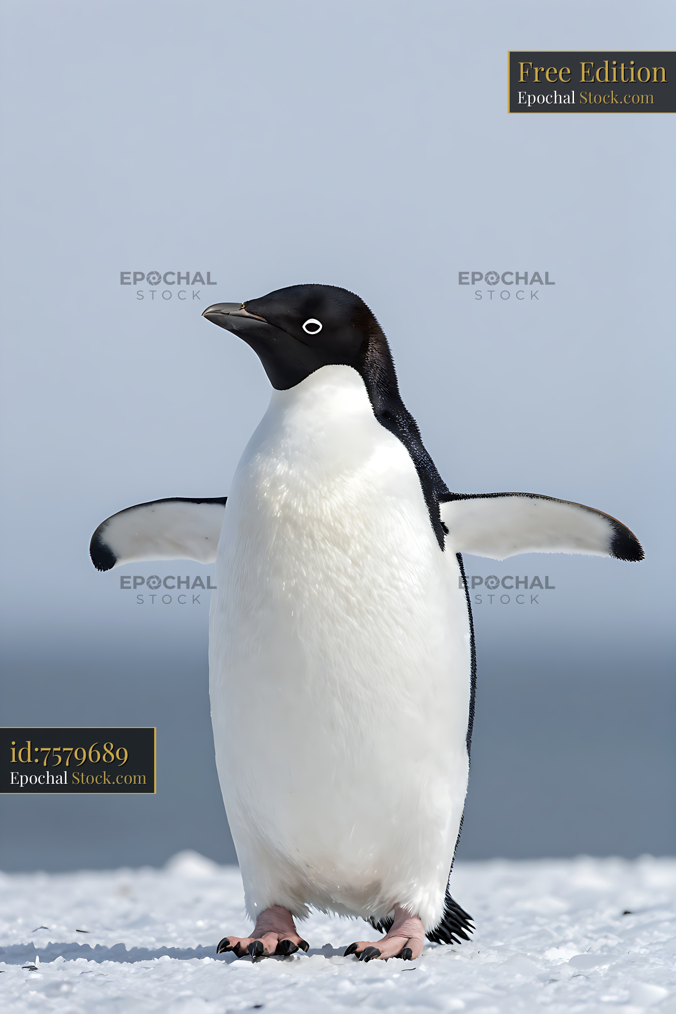 Adelie penguin standing on snow with wings outstretched in Antarctica - stock photo