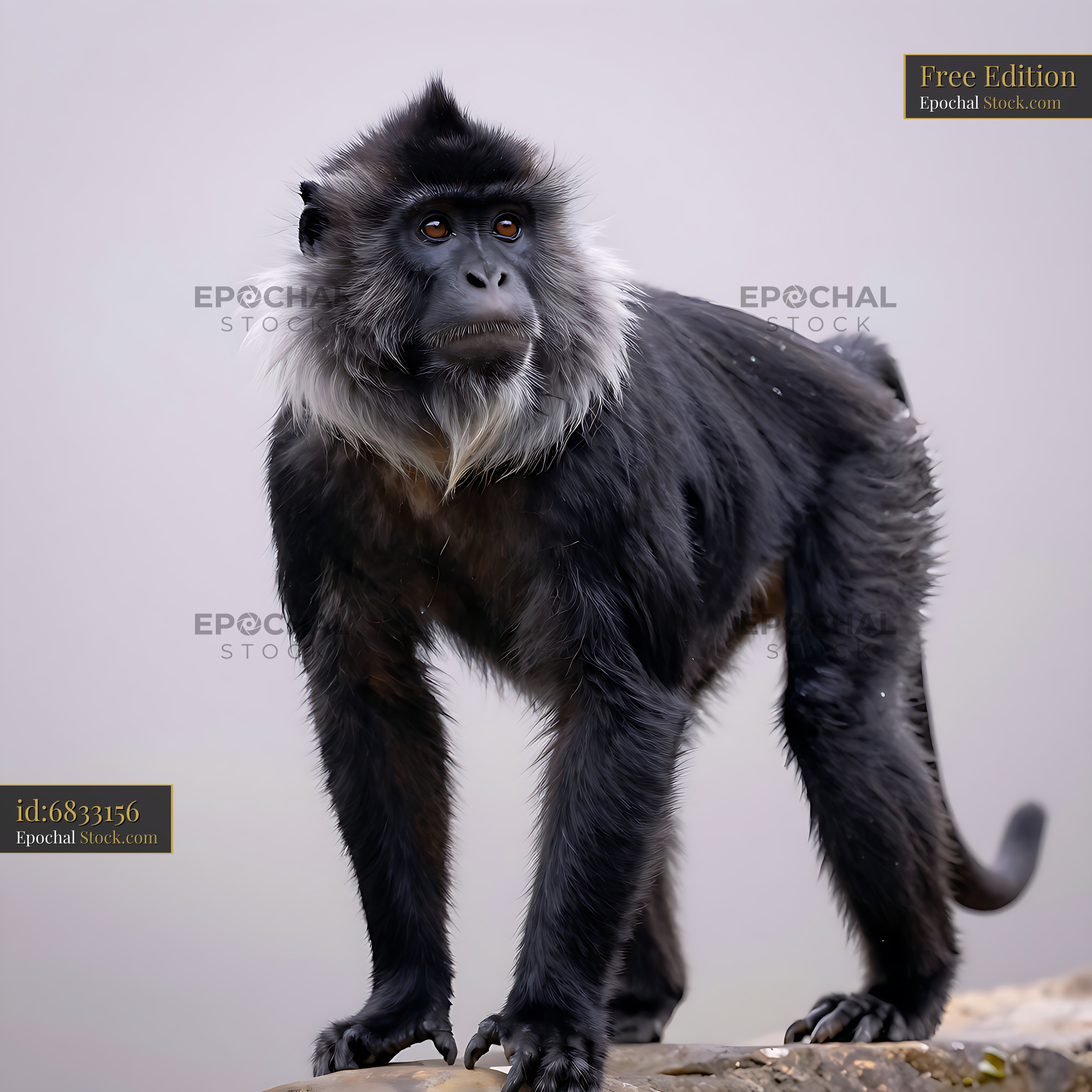 Lion-tailed macaque with silver mane standing alert on a stone wall - stock photo