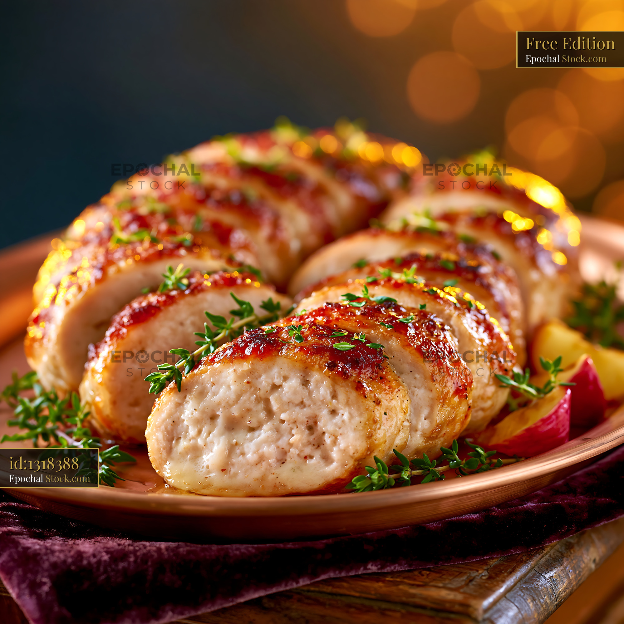 Sliced boudin blanc meat with fresh thyme on a festive platter - stock photo