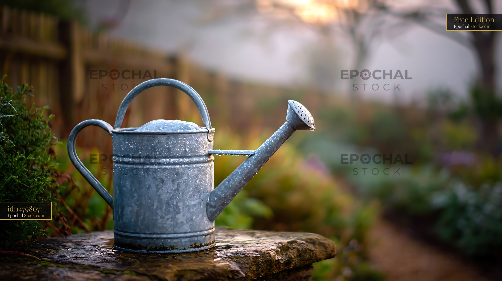 Vintage metal watering can with dew drops in a misty morning garden