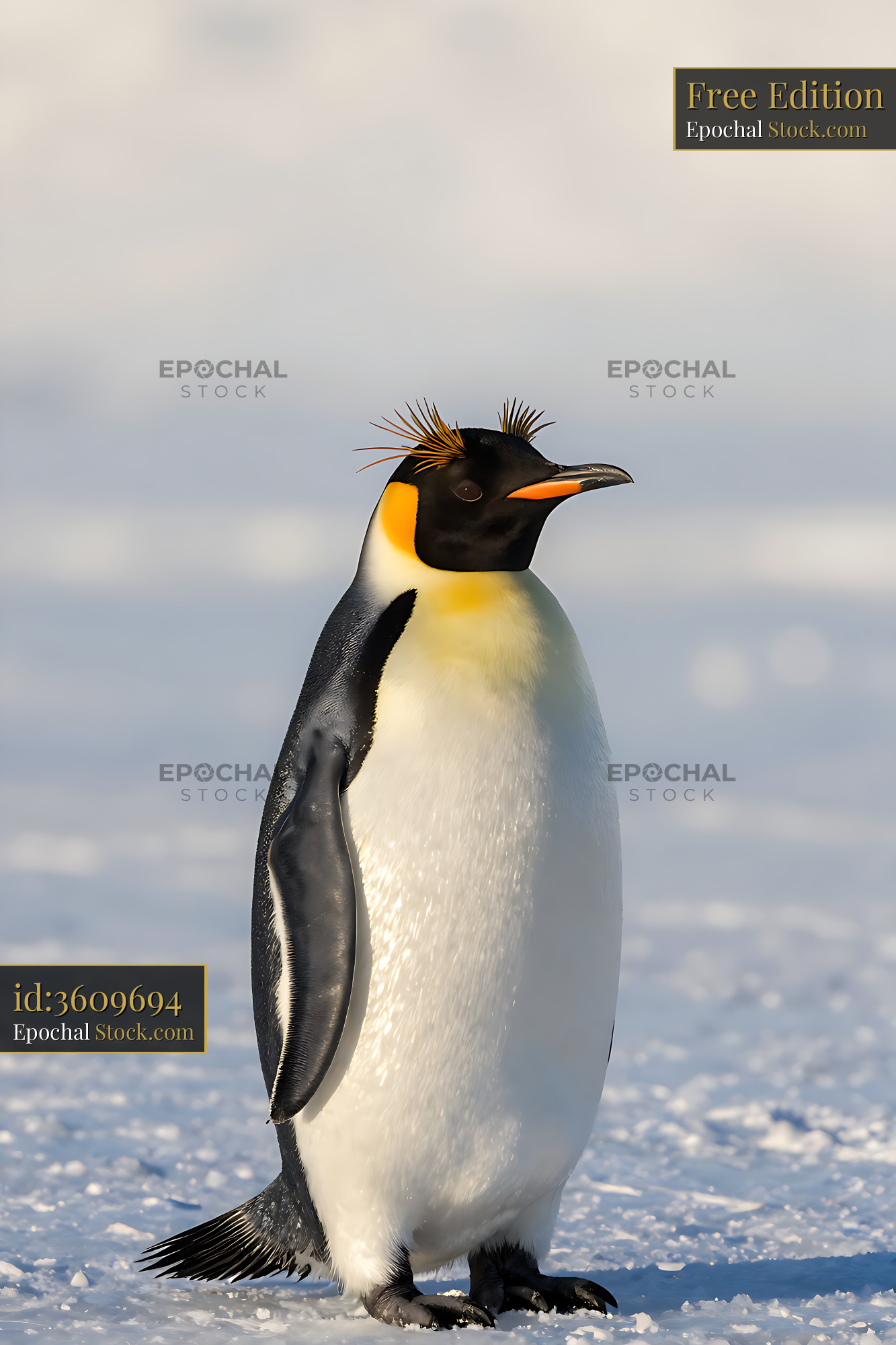 King penguin with unique crest standing on snow in the sun - stock photo