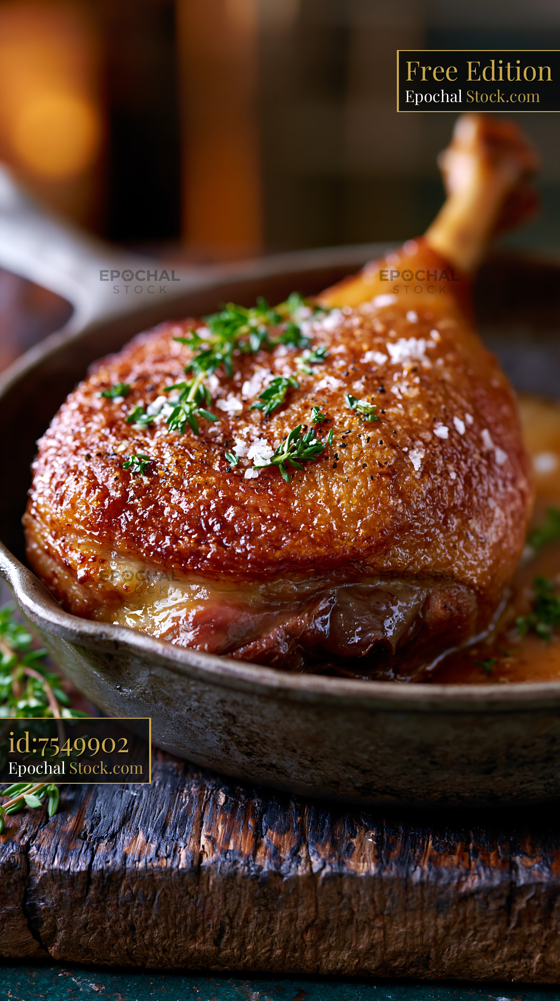 Roasted duck leg confit with crispy skin and fresh thyme in a skillet - stock photo