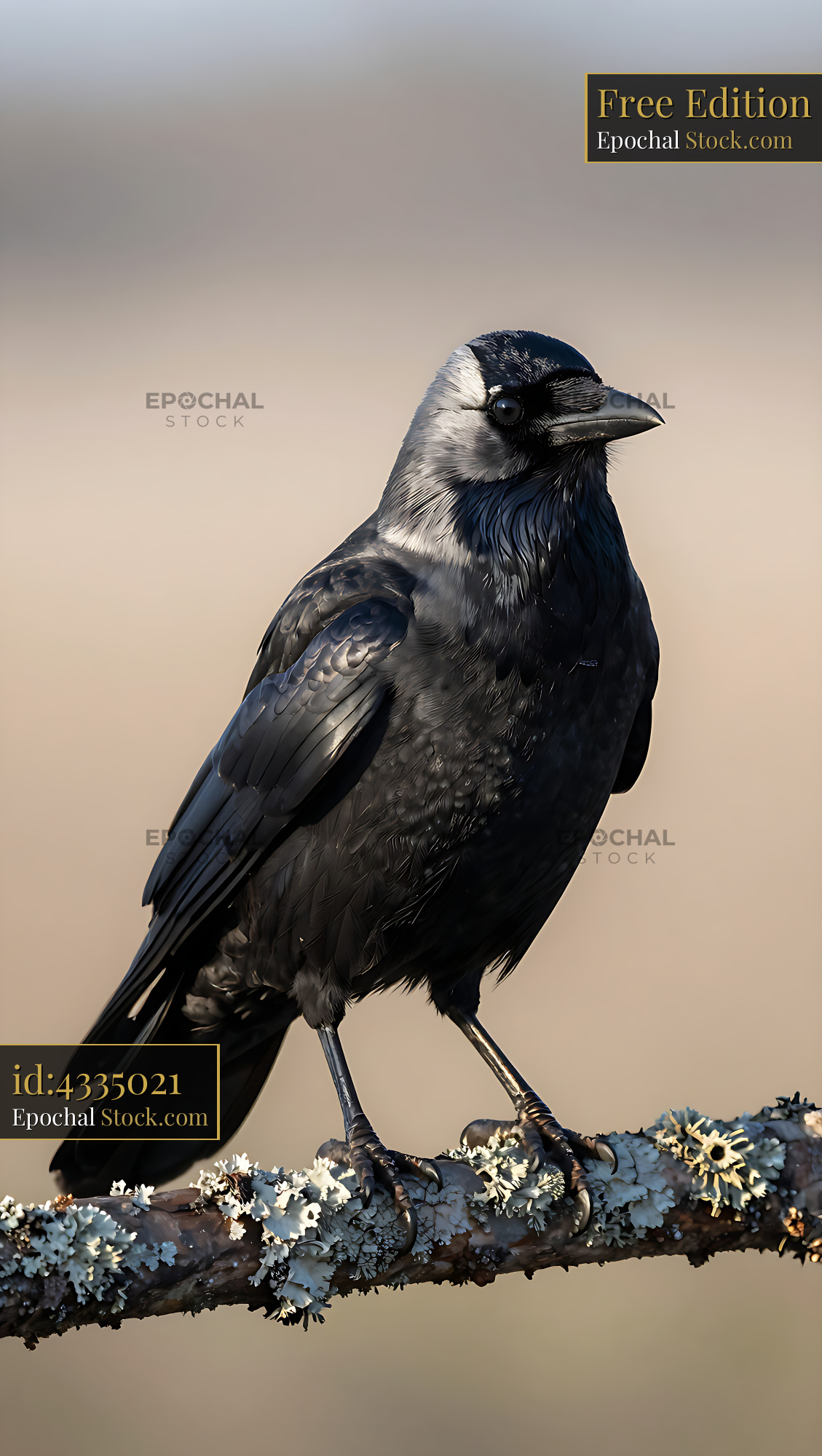 Eurasian jackdaw perched on a lichen covered branch in soft light - stock photo