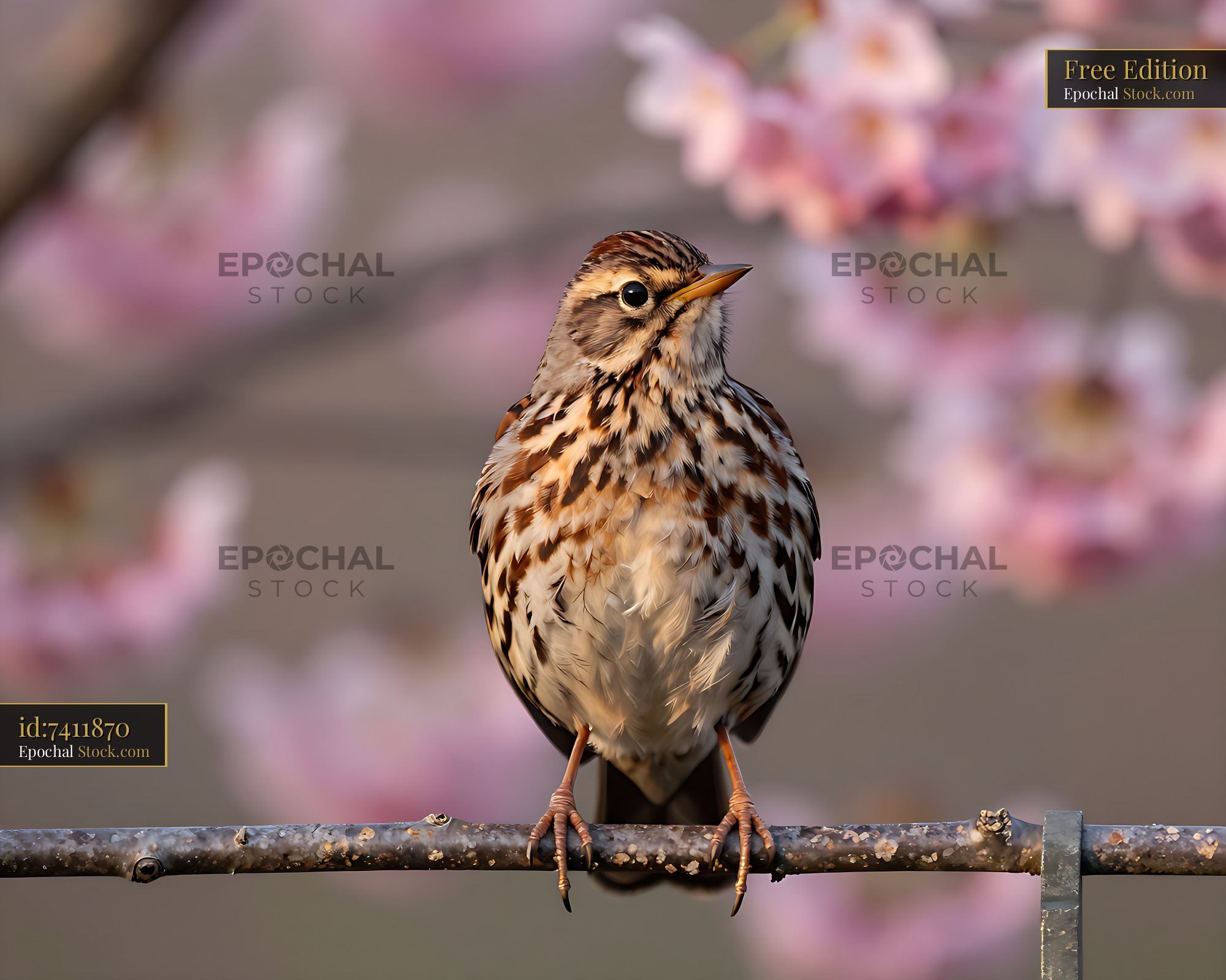 Mistle thrush perched on a branch with pink cherry blossoms in spring - stock photo