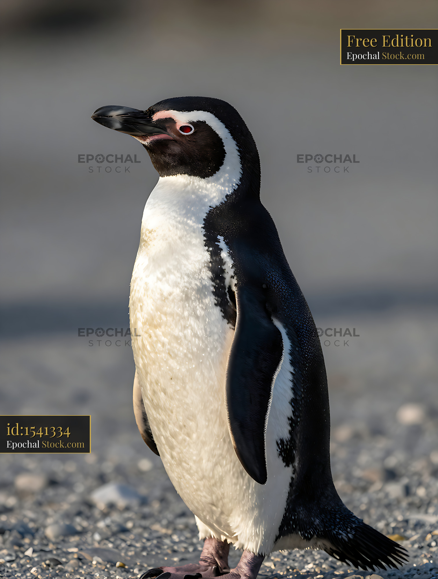 Magellanic penguin standing on a pebble beach during golden hour - stock photo