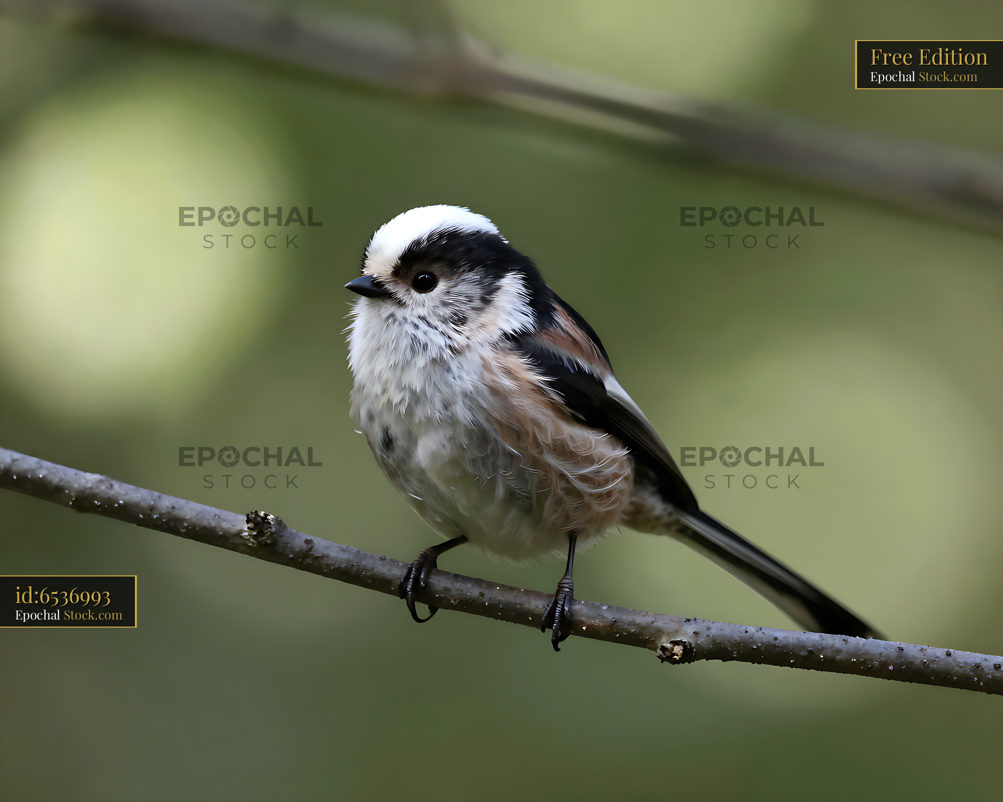 Long-tailed tit perched on a slender branch in a forest - stock photo