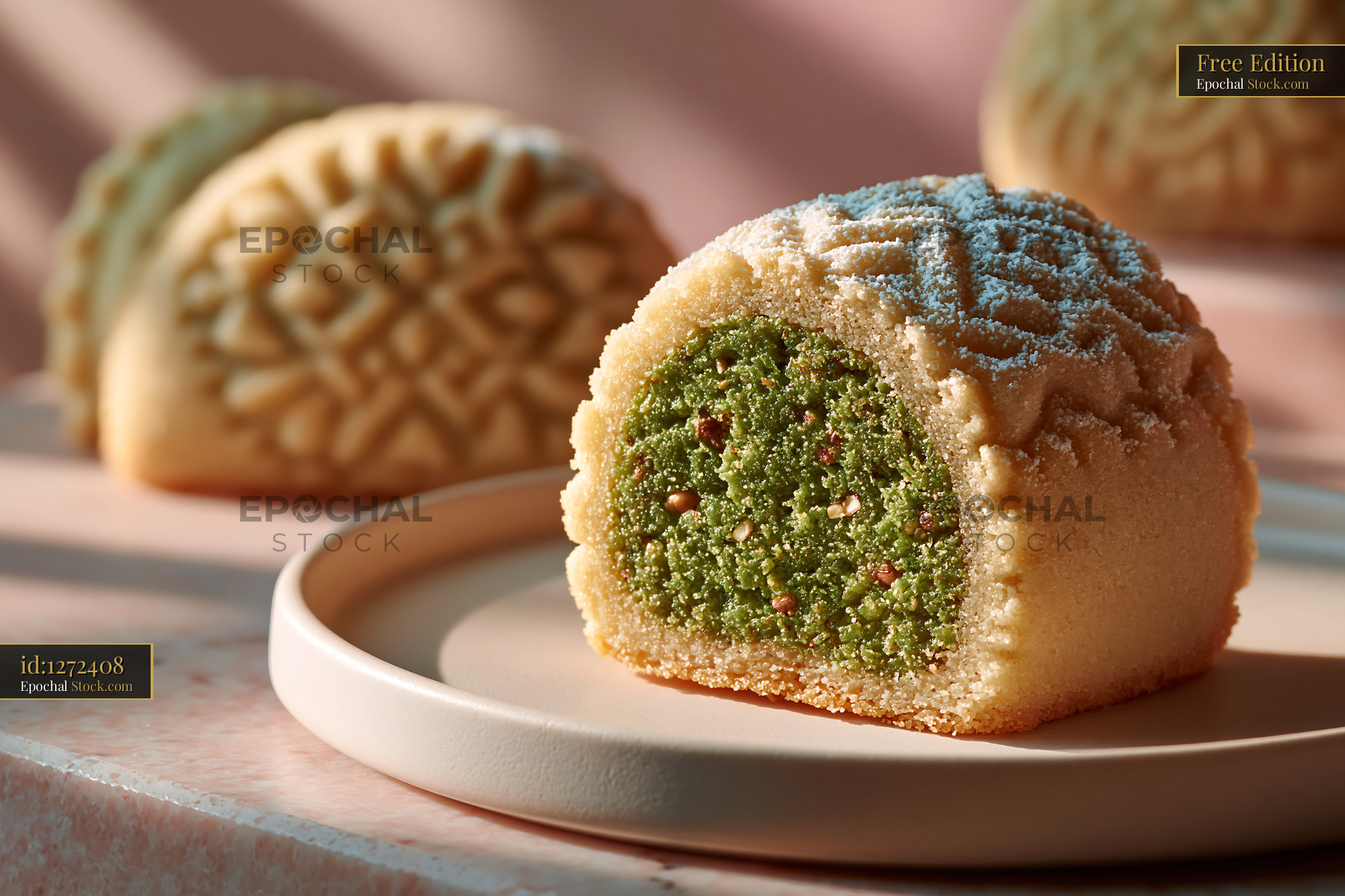 Pistachio maamoul biscuits with vibrant green filling on a plate - stock photo