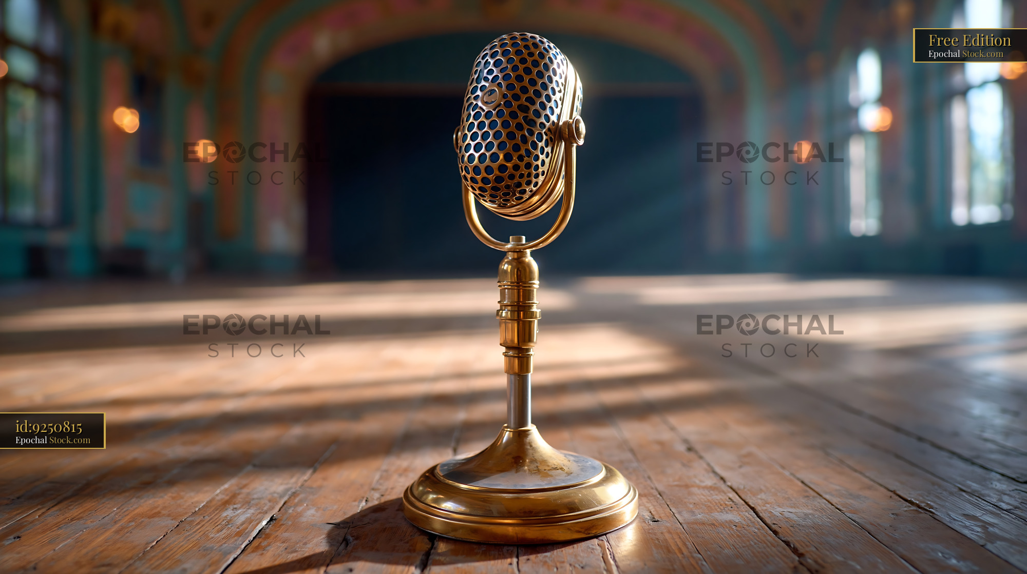 Vintage brass microphone in an empty ornate hall during golden hour