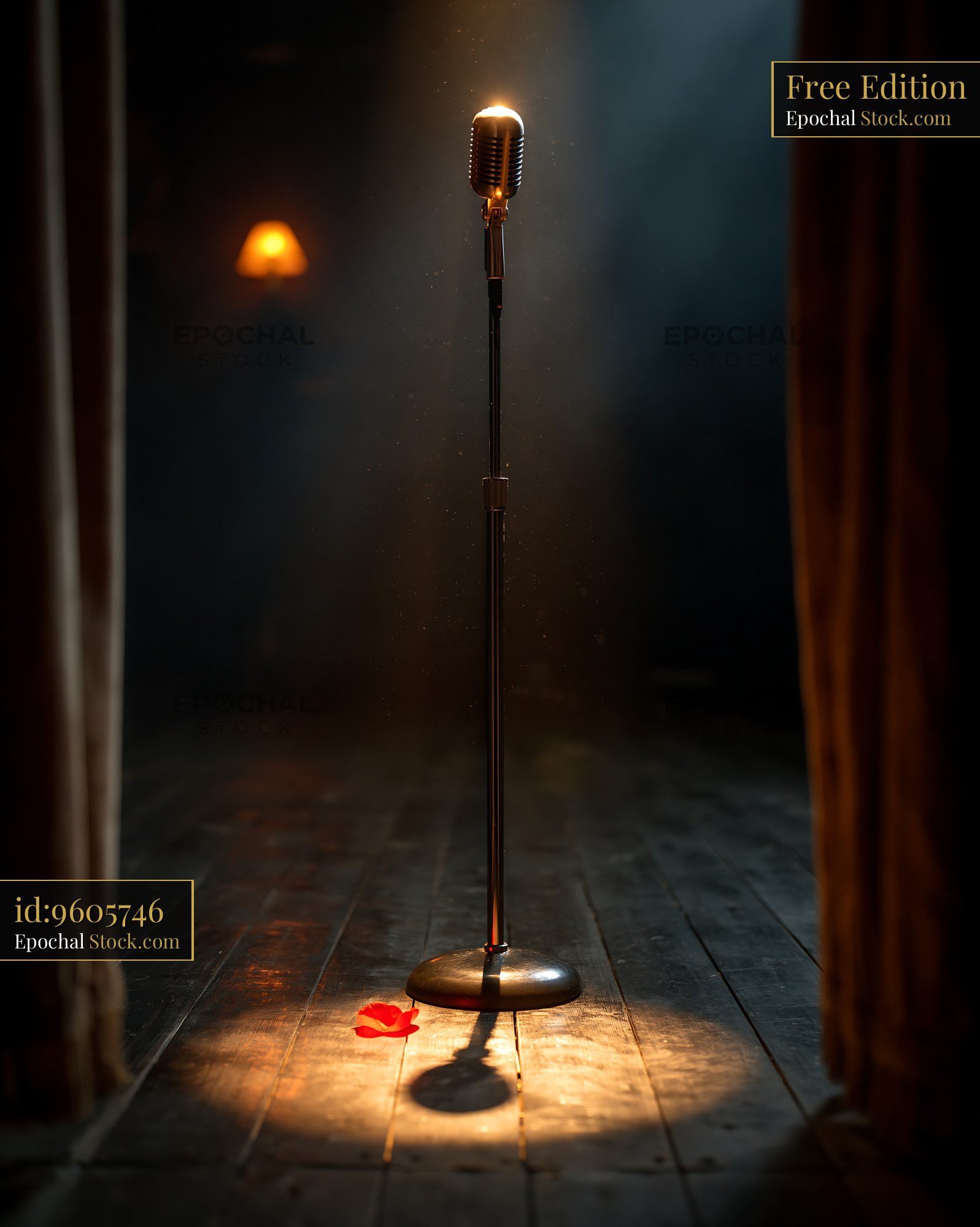 Vintage silver microphone on a dark stage under a warm spotlight