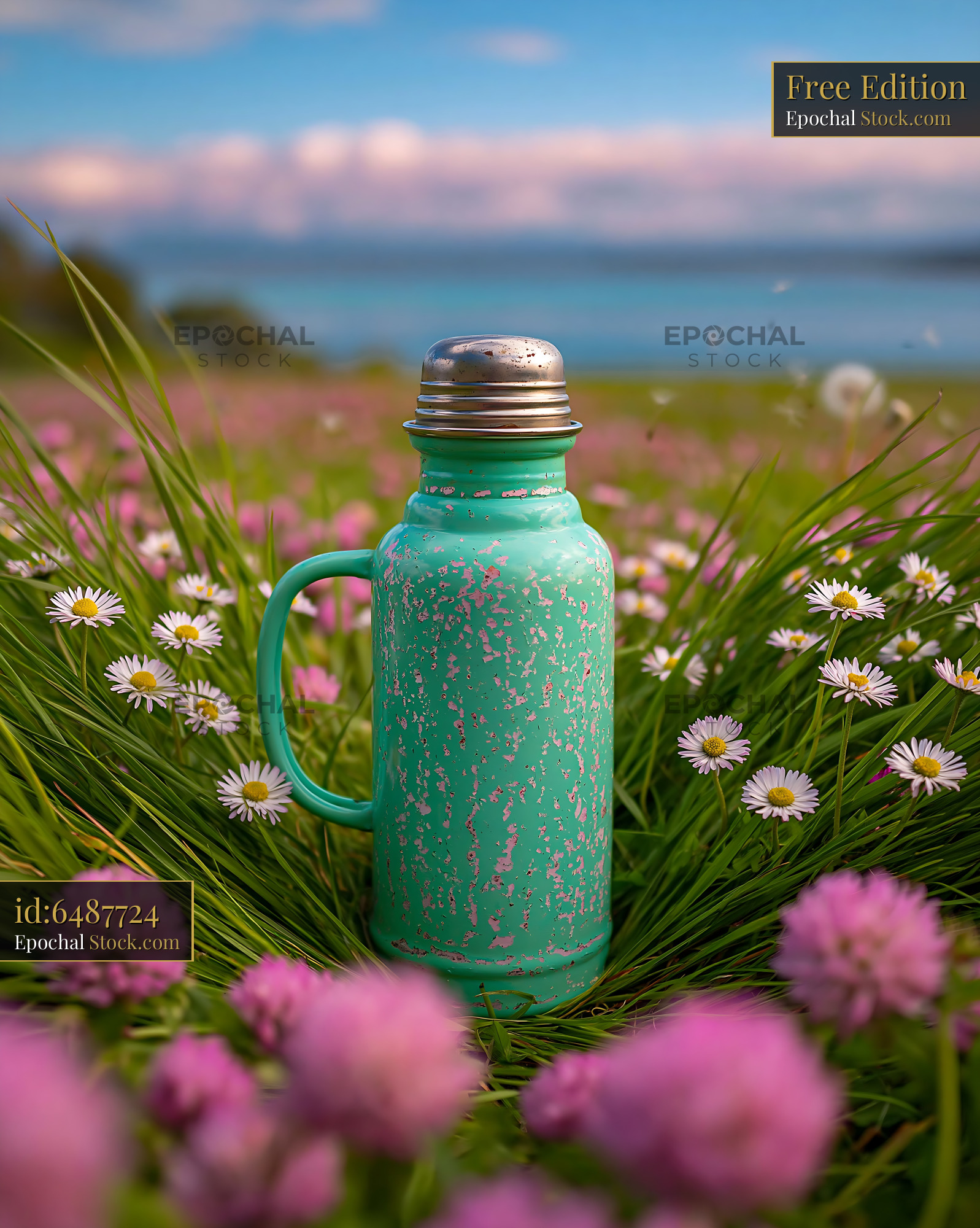 Vintage turquoise thermos bottle in a spring meadow with daisies