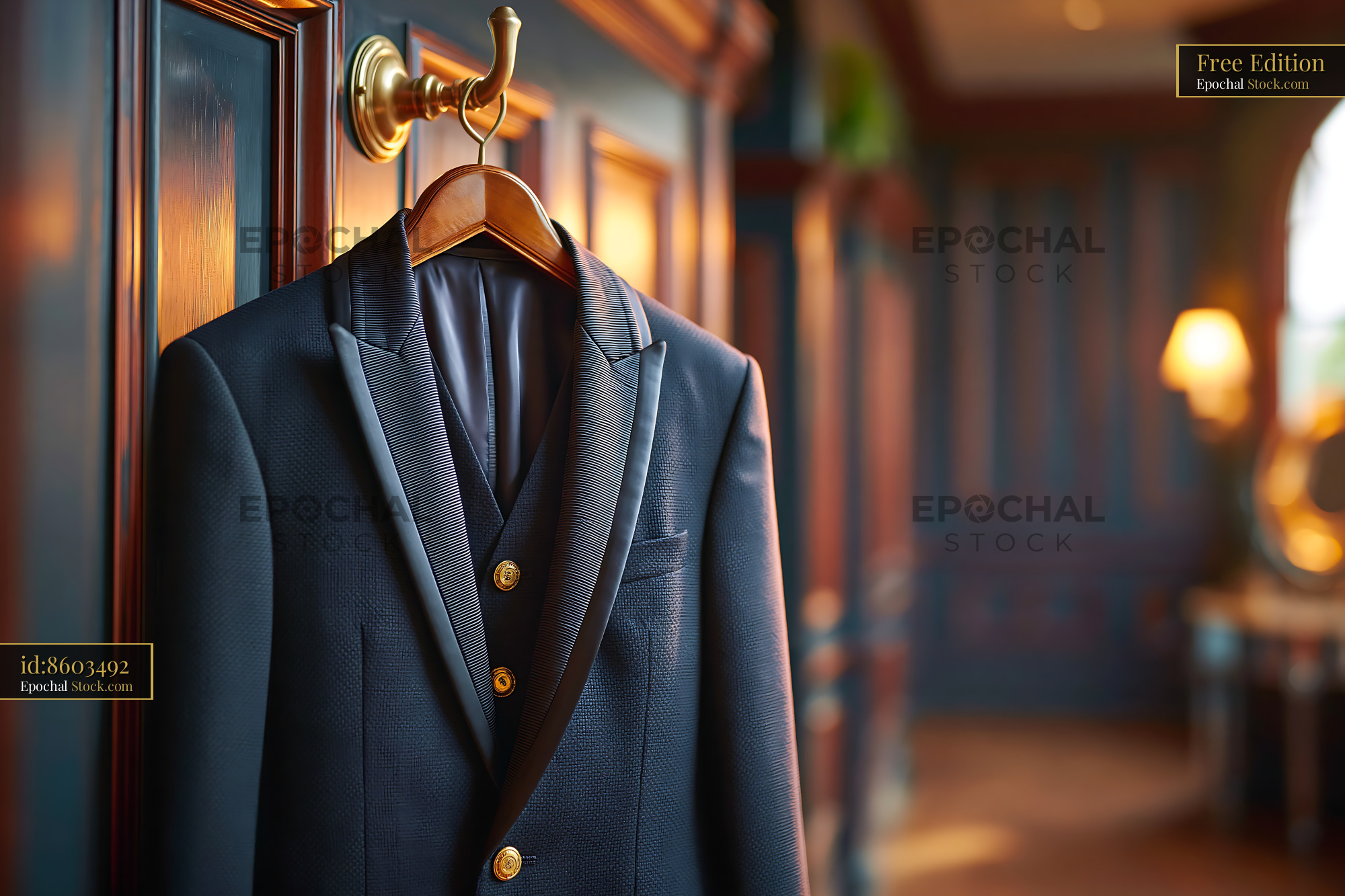 Elegant navy tuxedo jacket hanging on a hook in a luxury dressing room - stock photo