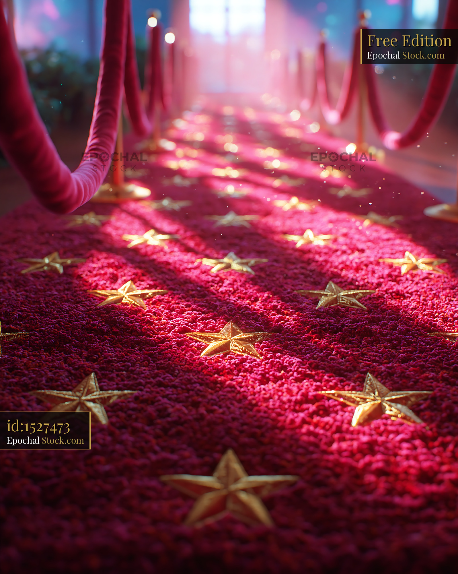 Red carpet stars pattern floor with velvet ropes at a gala event - stock photo