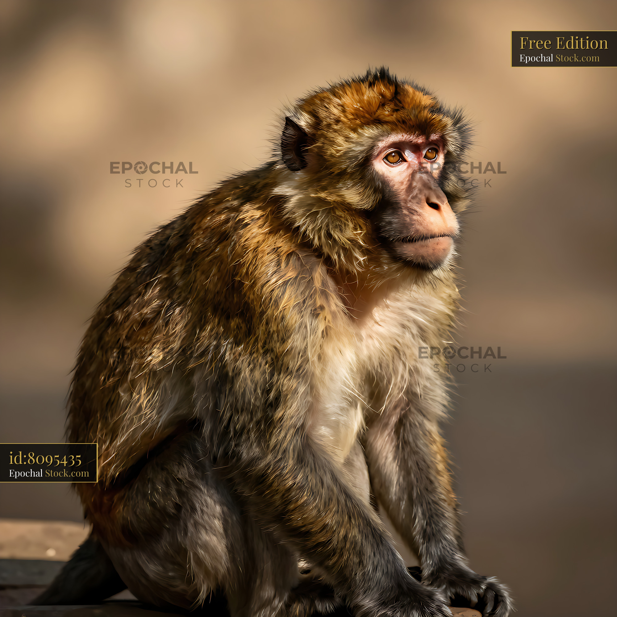 Barbary macaque sitting and looking away in warm sunlight - stock photo