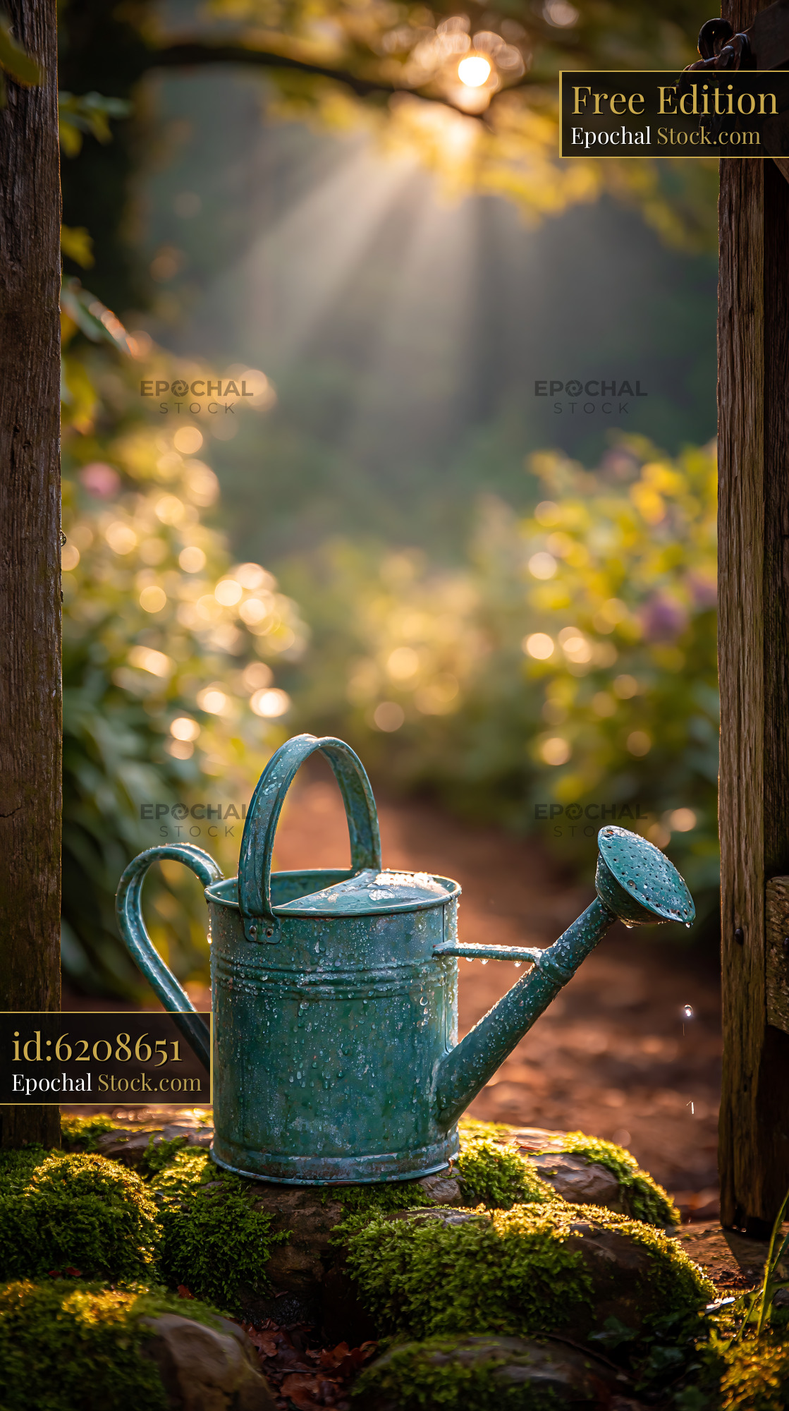 Vintage green watering can in a misty garden at sunrise