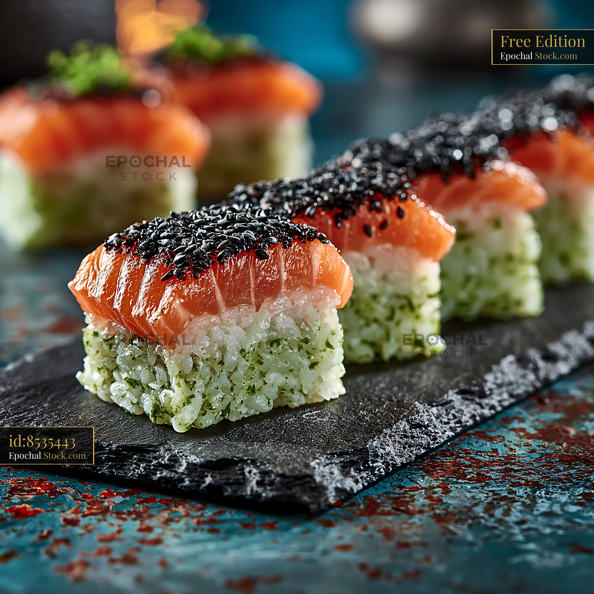 Gourmet spirulina powder sushi with fresh salmon and black sesame - stock photo