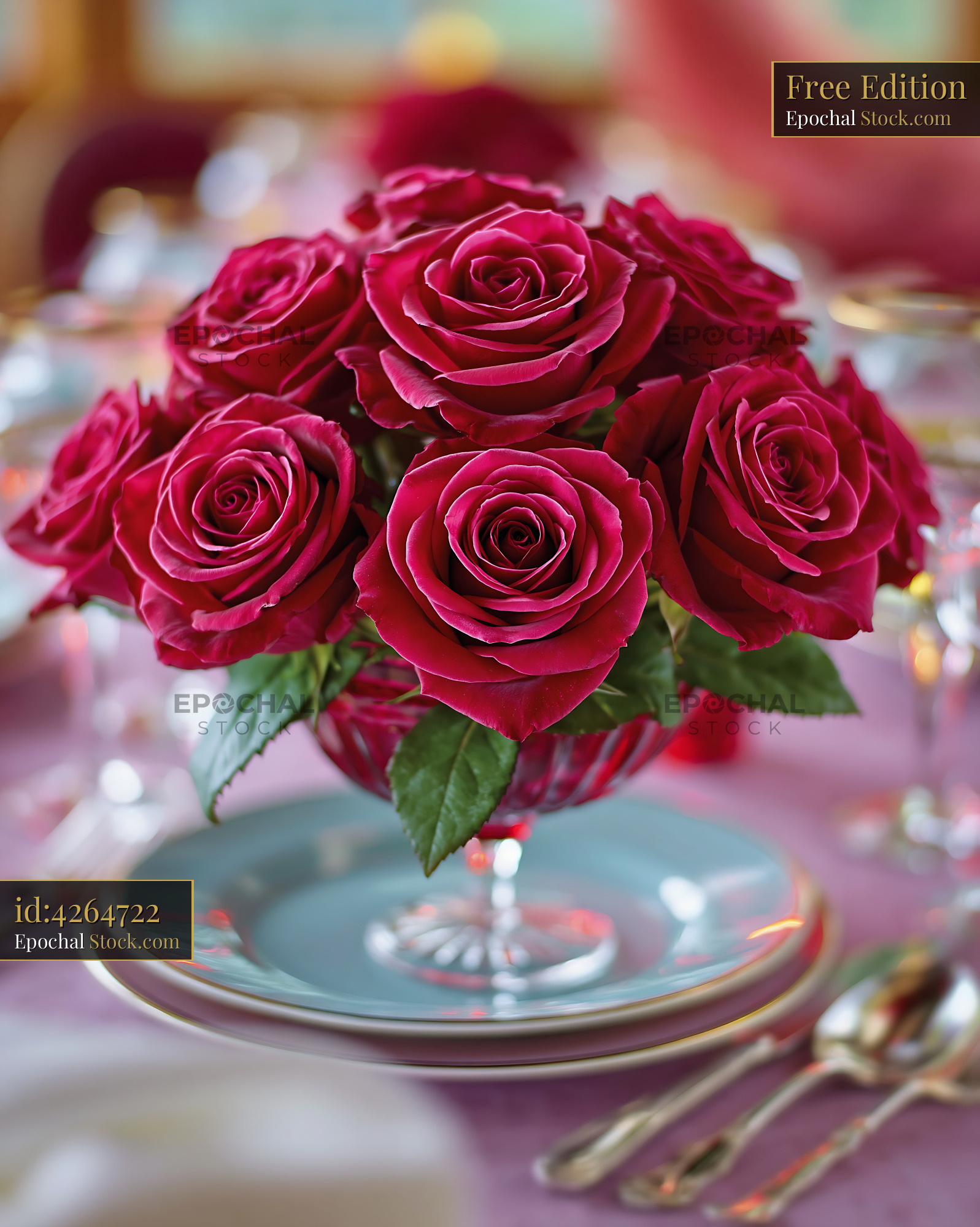 Elegant gala dinner table centerpiece with red roses in a glass vase - stock photo