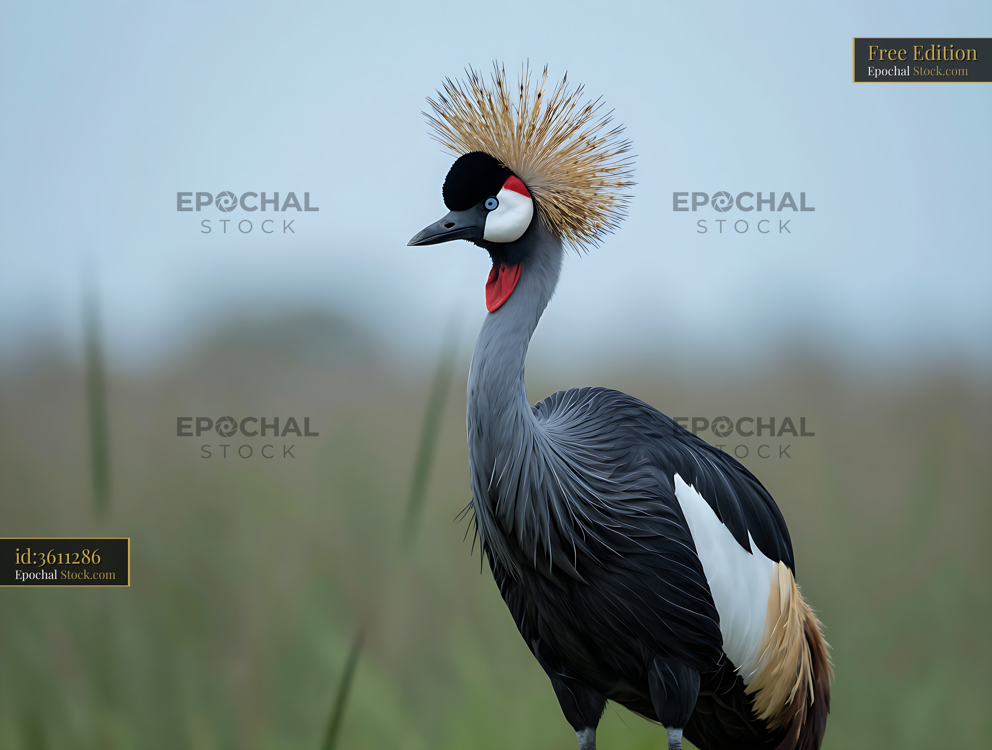 Black crowned crane with golden crest in a grassy wetland - stock photo