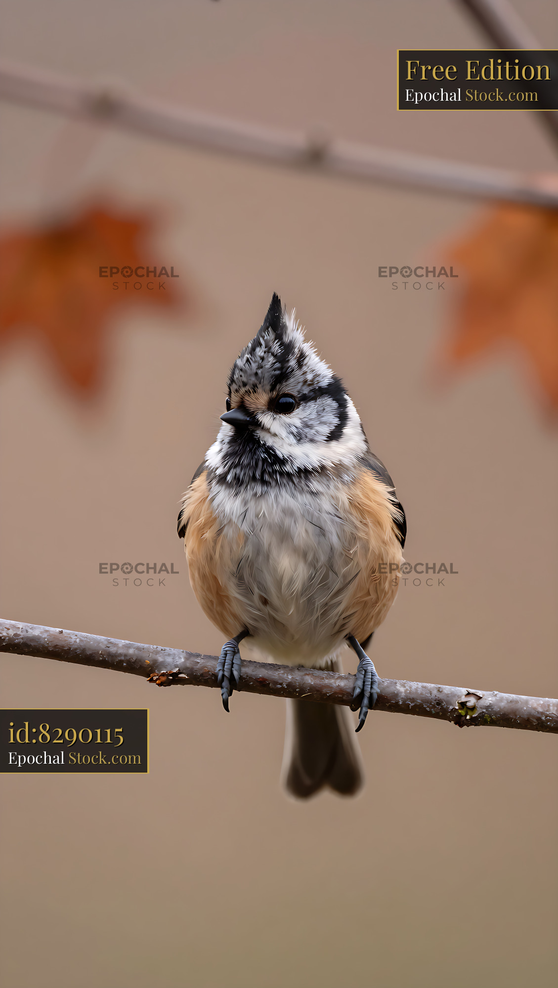 Crested tit perched on a thin branch with autumn leaves - stock photo