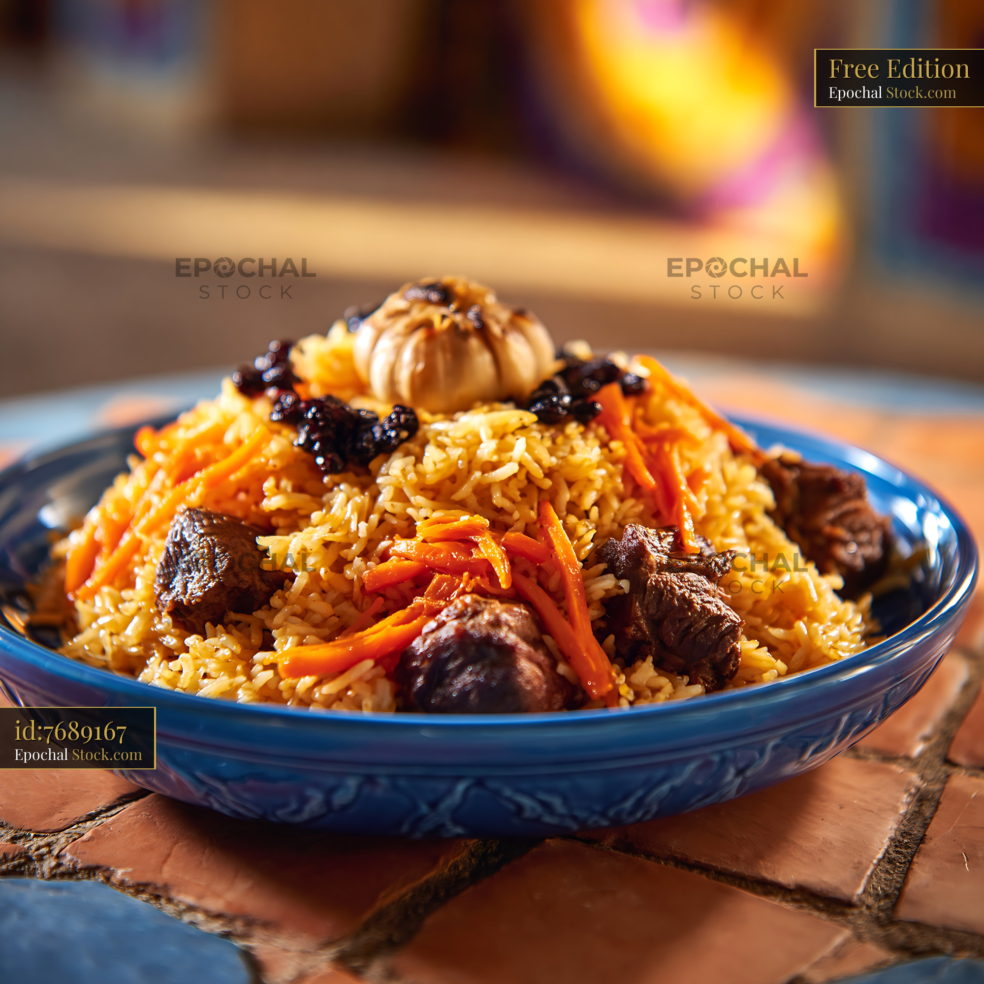Traditional Uzbek plov with lamb and garlic in a blue ceramic bowl - stock photo
