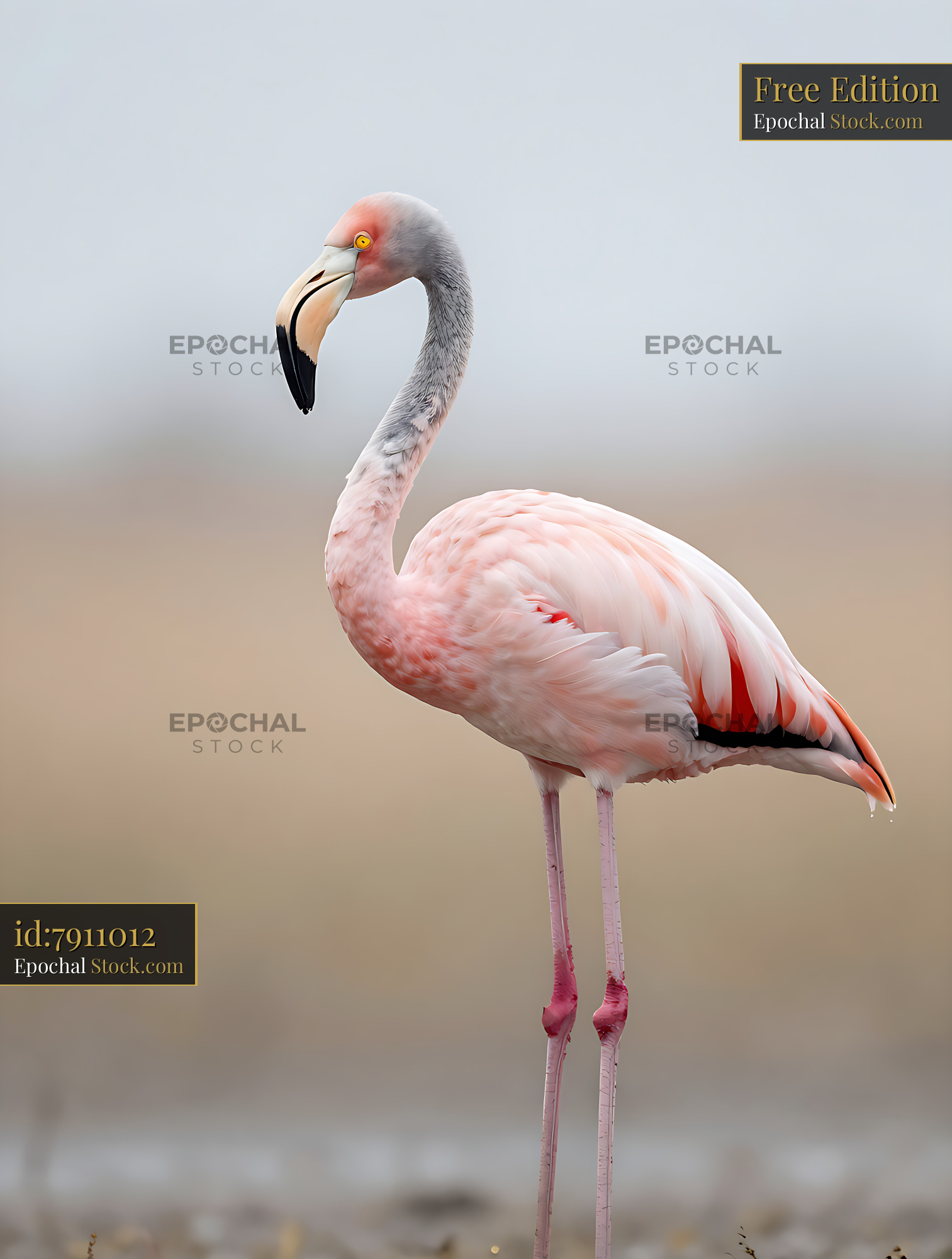 Lesser flamingo standing in a misty wetland landscape - stock photo