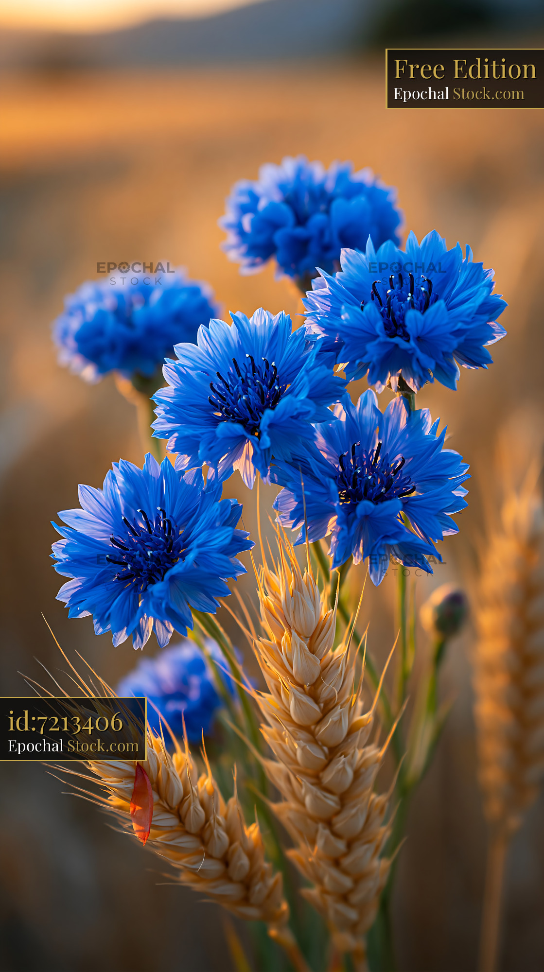 Blue cornflowers blooming in a golden wheat field at sunset