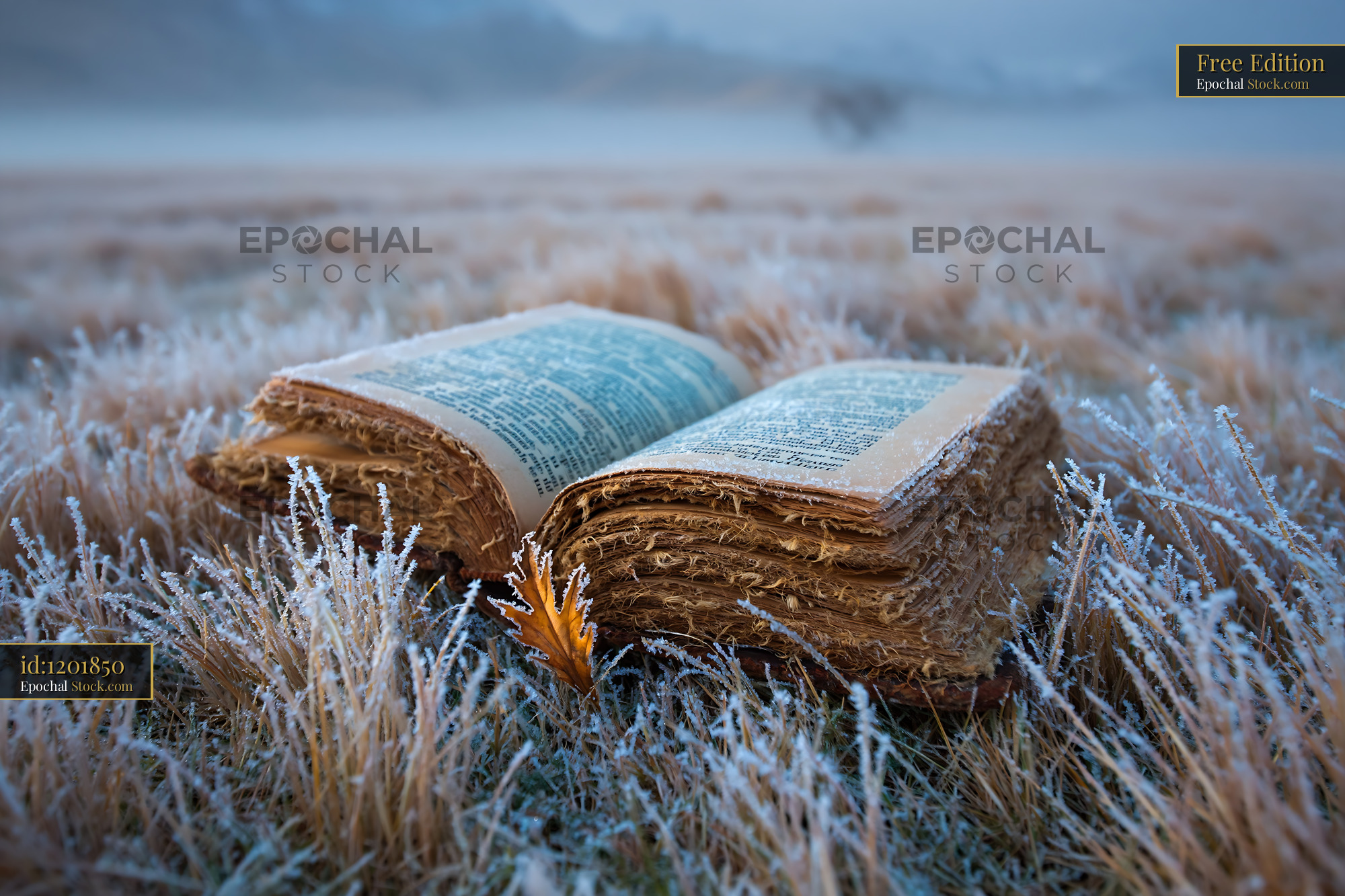 Old weathered book open on grass covered in frost on a misty morning - stock photo