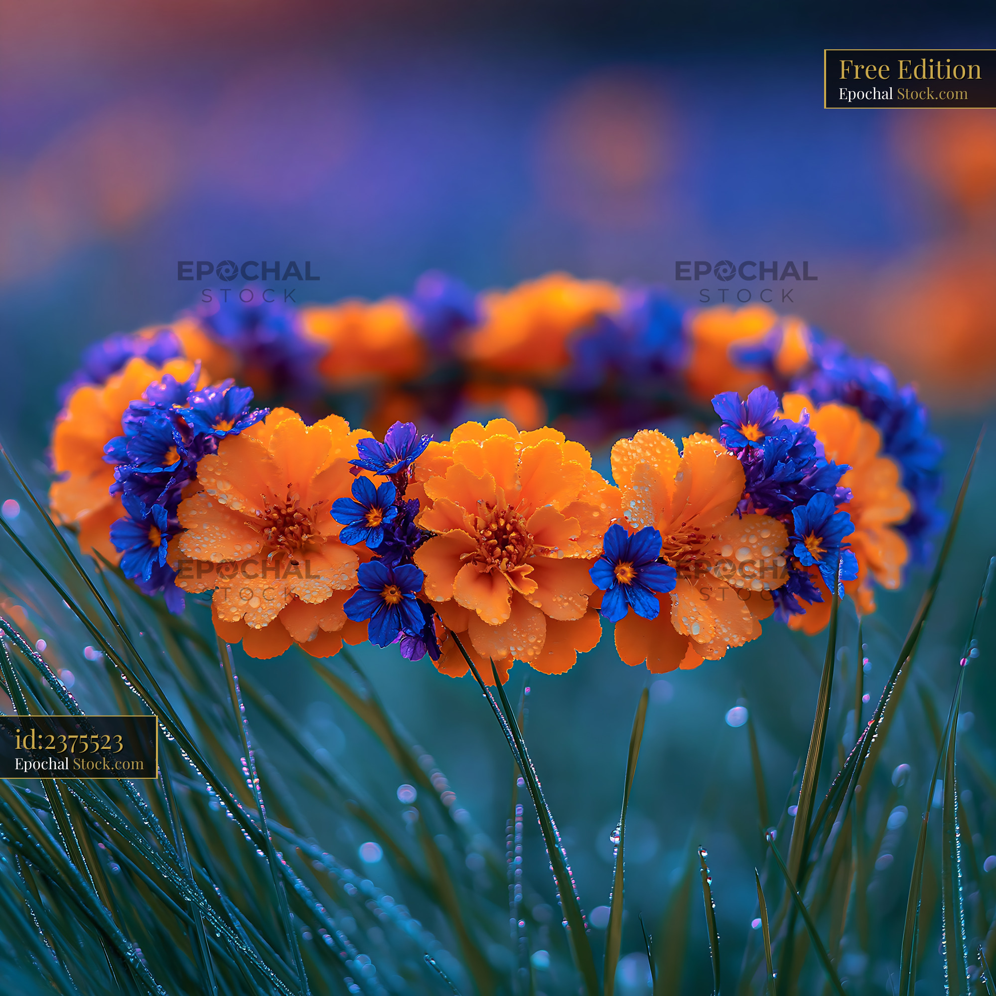 Flower crown with orange and blue blossoms resting on dewy grass - stock photo